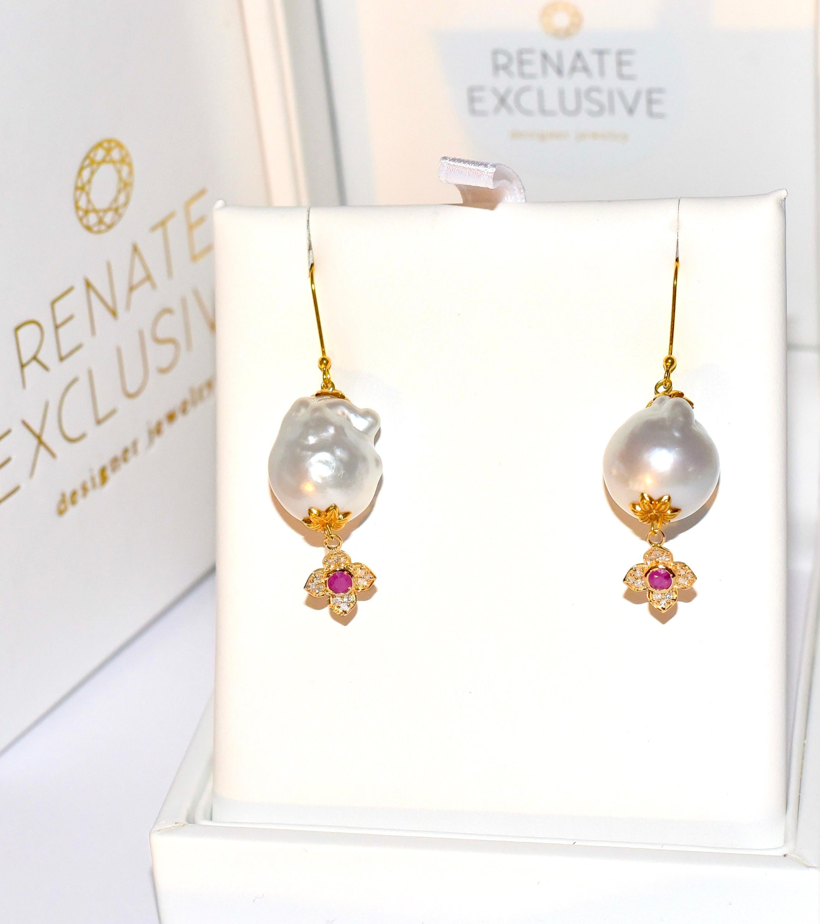 Bead White South Sea Pearl, Ruby, Diamonds Earrings in 14/18 Solid Yellow Gold For Sale