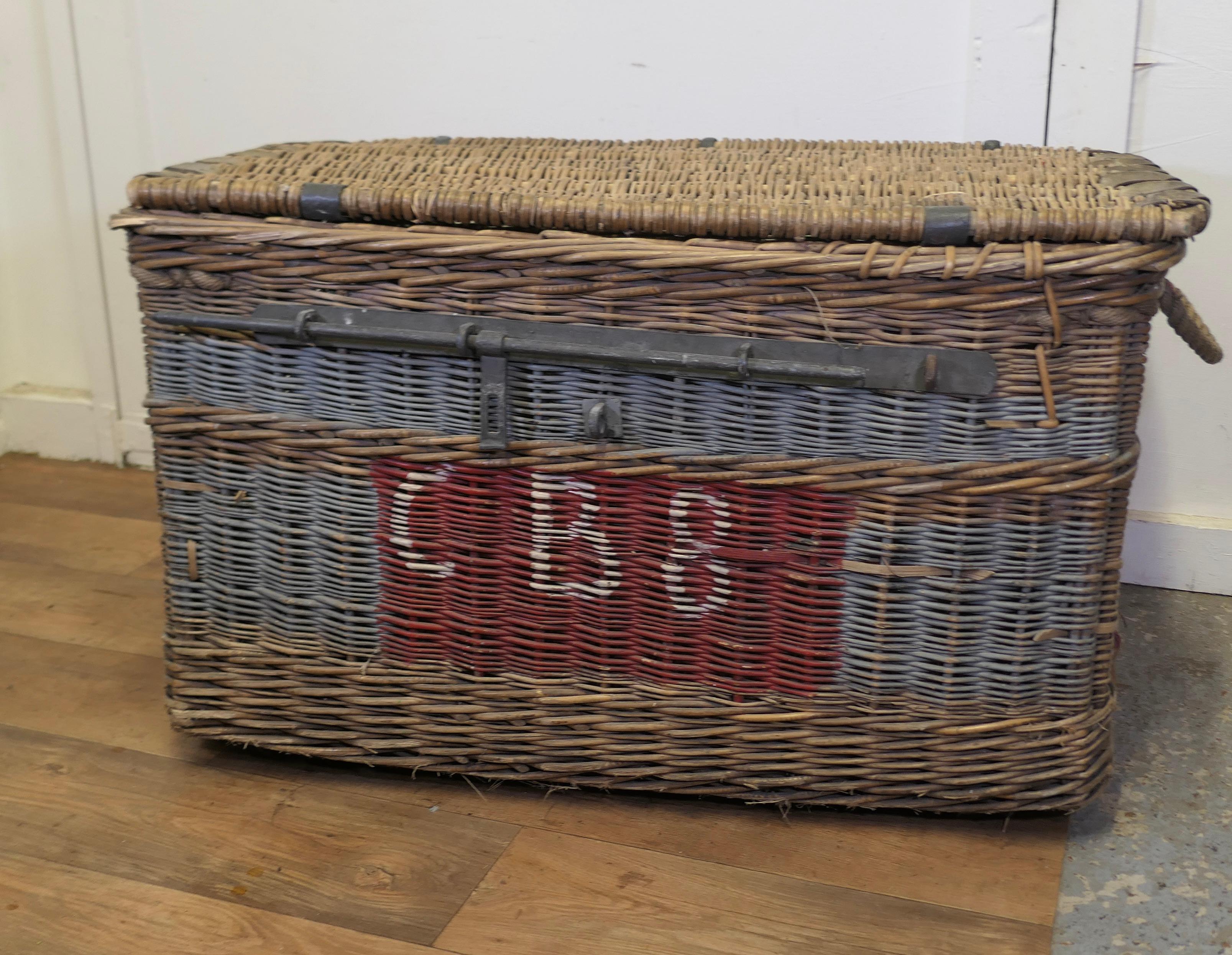 Huge Wicker Railway Parcel Hamper
Very strong and attractive piece, from the South of England, the basket has CB8 painted on both sides front and back  
In very good, complete condition, with the original iron locking clasp and rope carrying