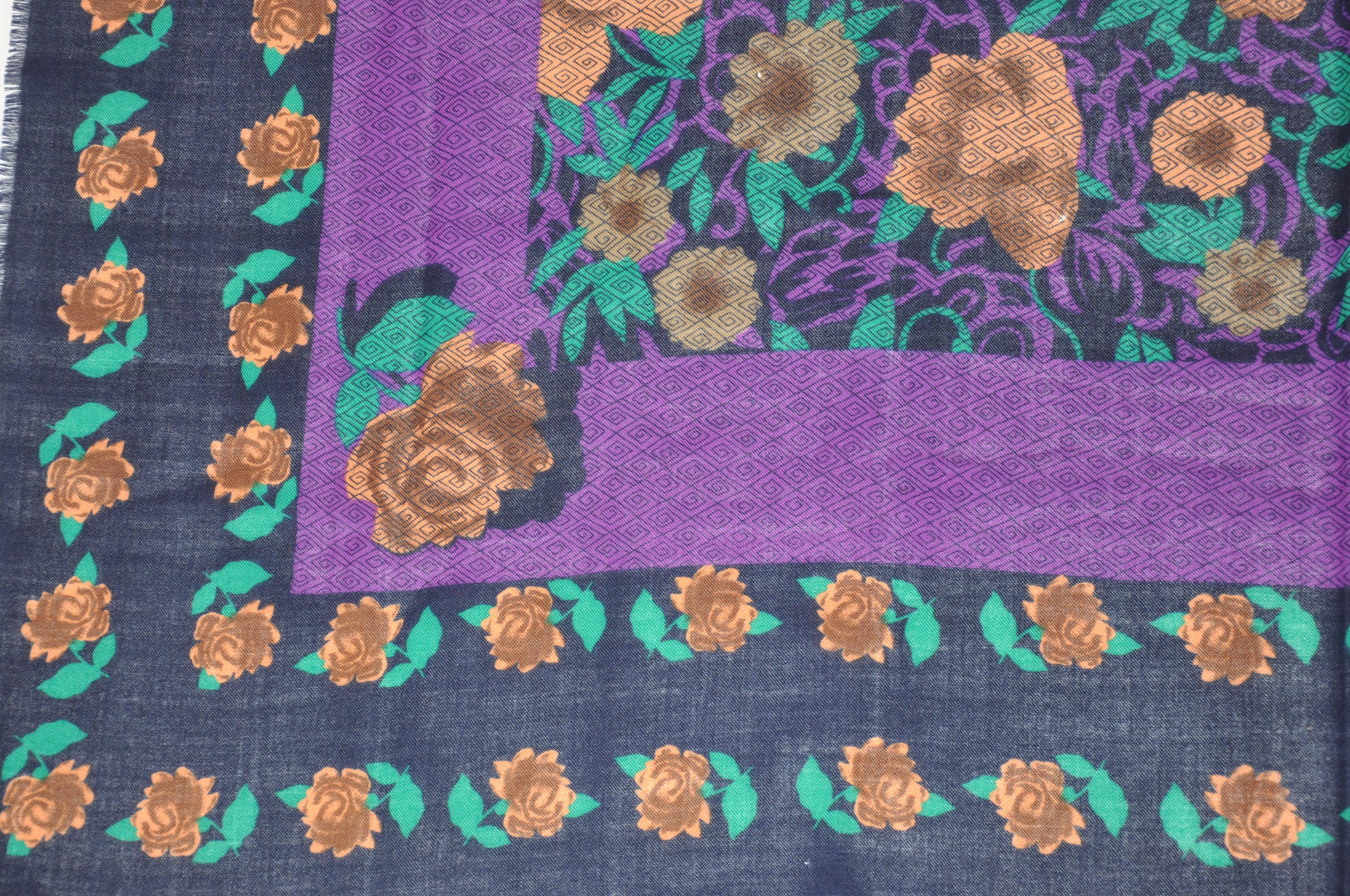 Gray Huge Wool Challis of Deep Navy Border with Violet and Golden Floral Shawl For Sale