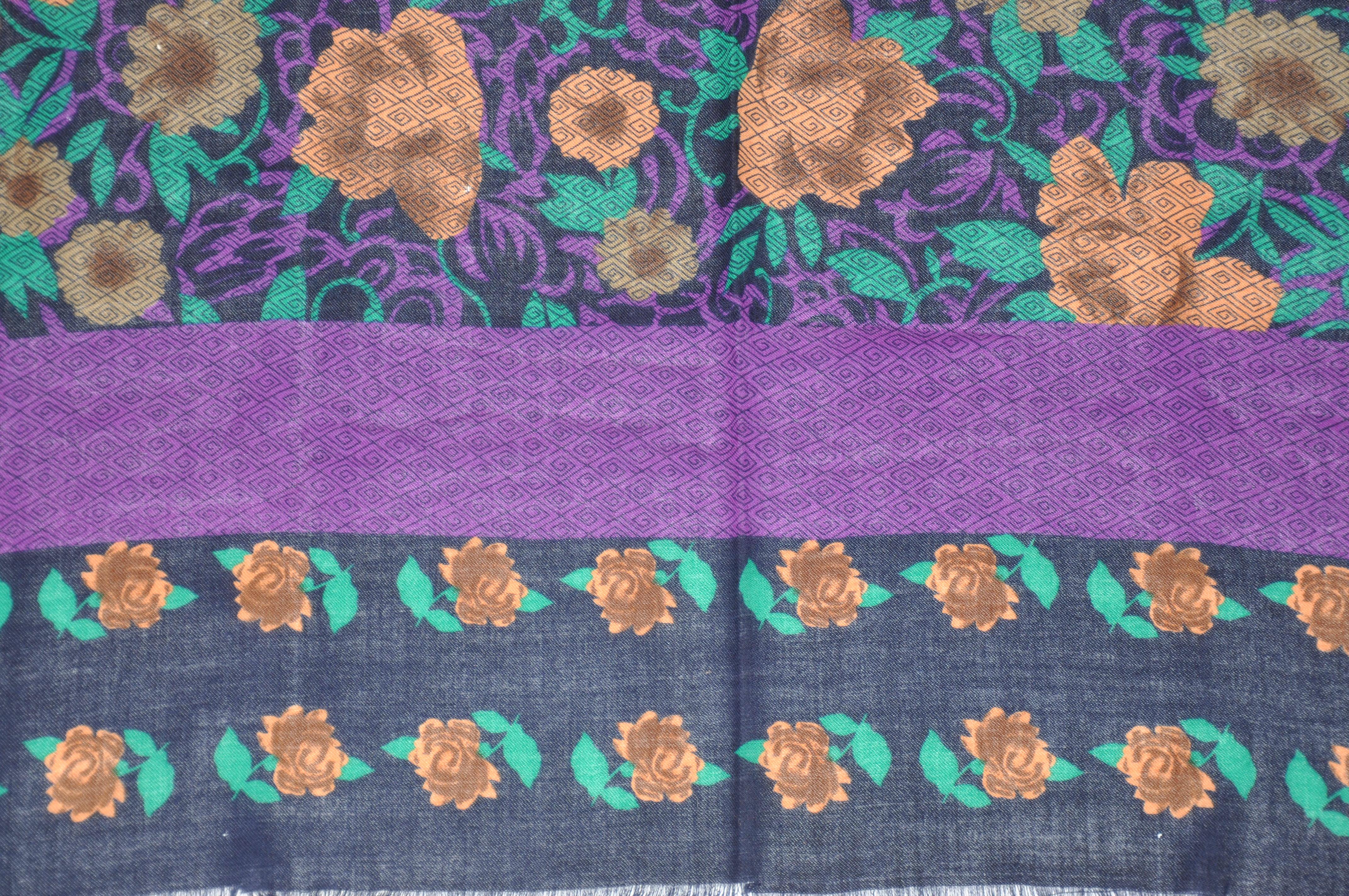 Huge Wool Challis of Deep Navy Border with Violet and Golden Floral Shawl In Good Condition For Sale In New York, NY
