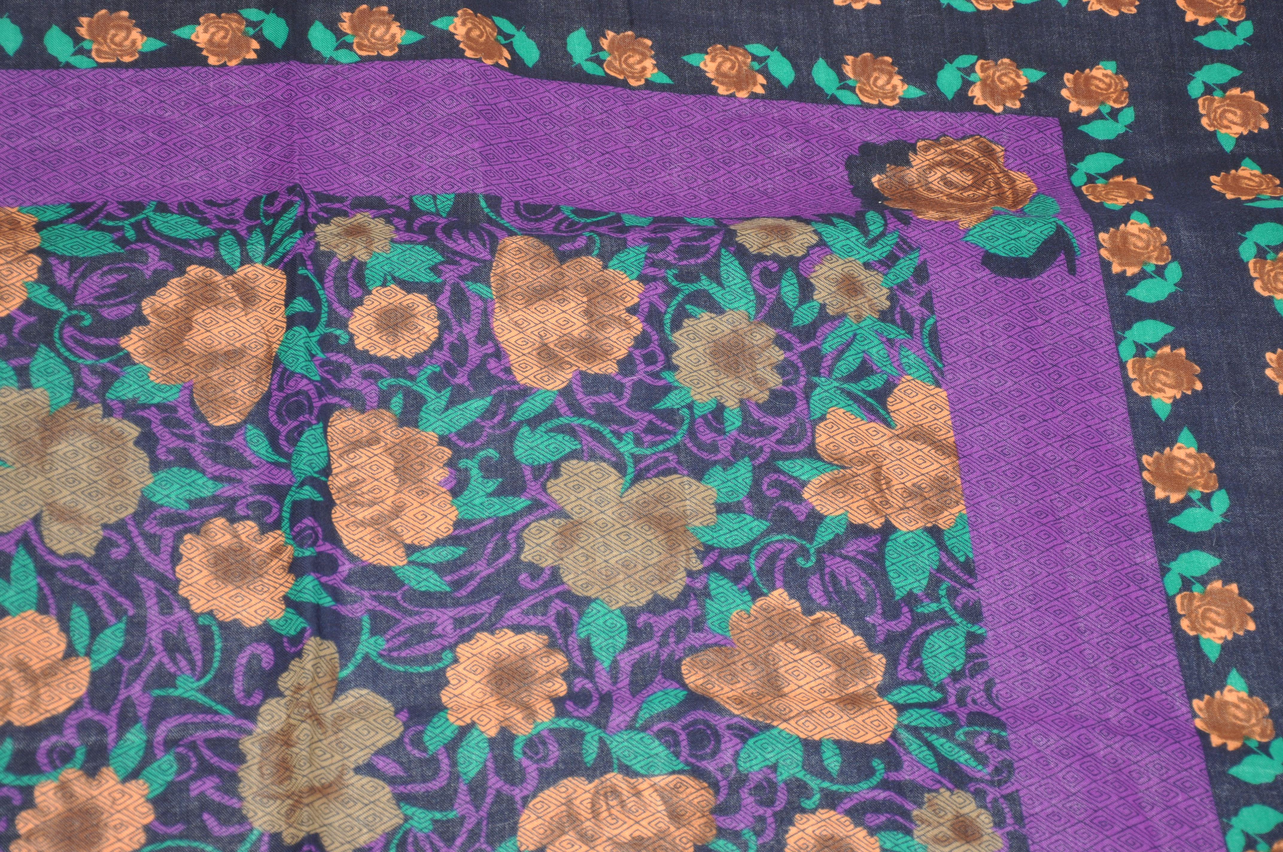 Huge Wool Challis of Deep Navy Border with Violet and Golden Floral Shawl For Sale 1