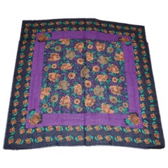 Huge Wool Challis of Deep Navy Border with Violet and Golden Floral Shawl