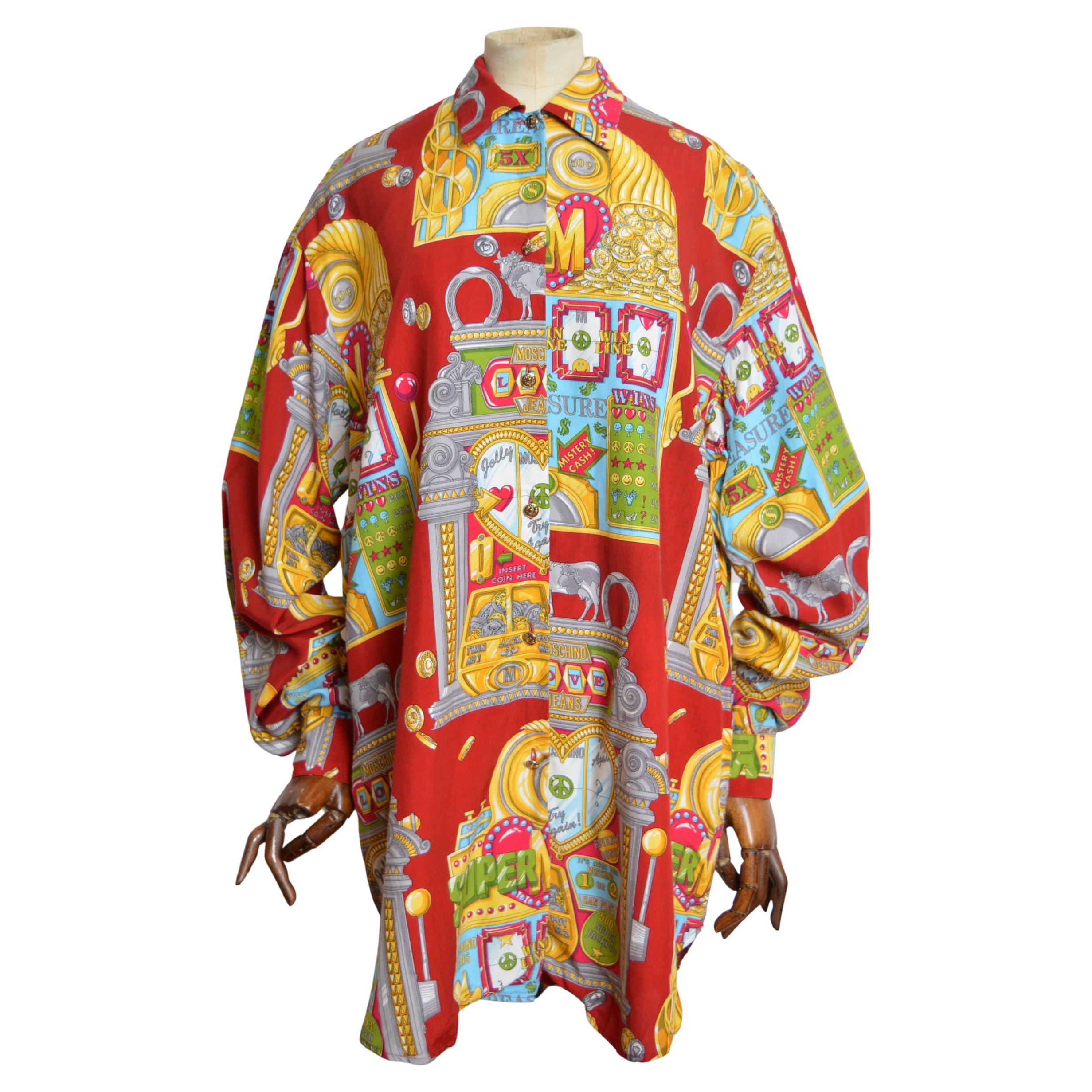 Grande chemise XXL Moschino Casino des années 1990 Slot Machine Loud colorée à motif rouge