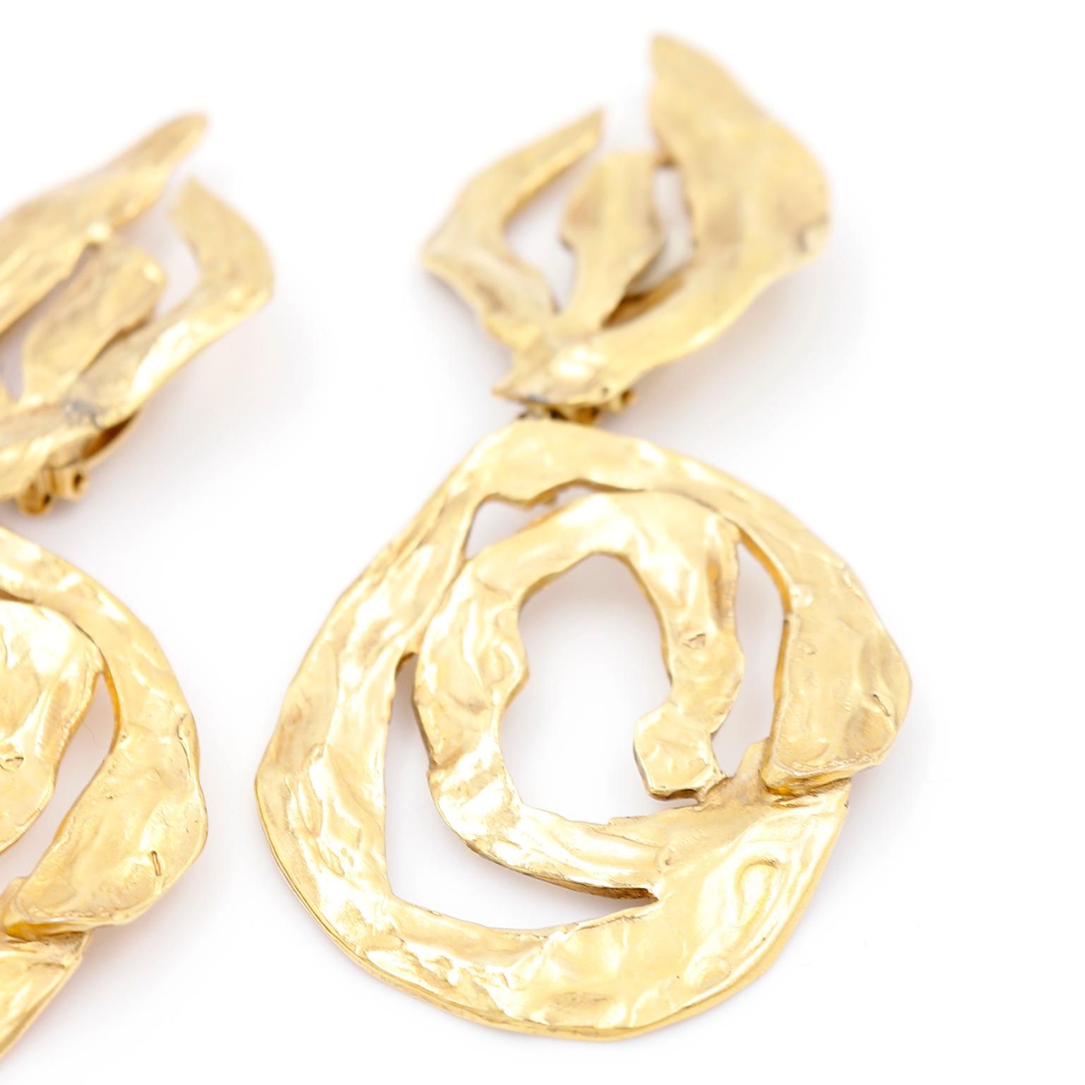 Huge YSL Vintage Gold Statement Earrings Yves Saint Laurent Abstract Clip Ons In Excellent Condition For Sale In Portland, OR
