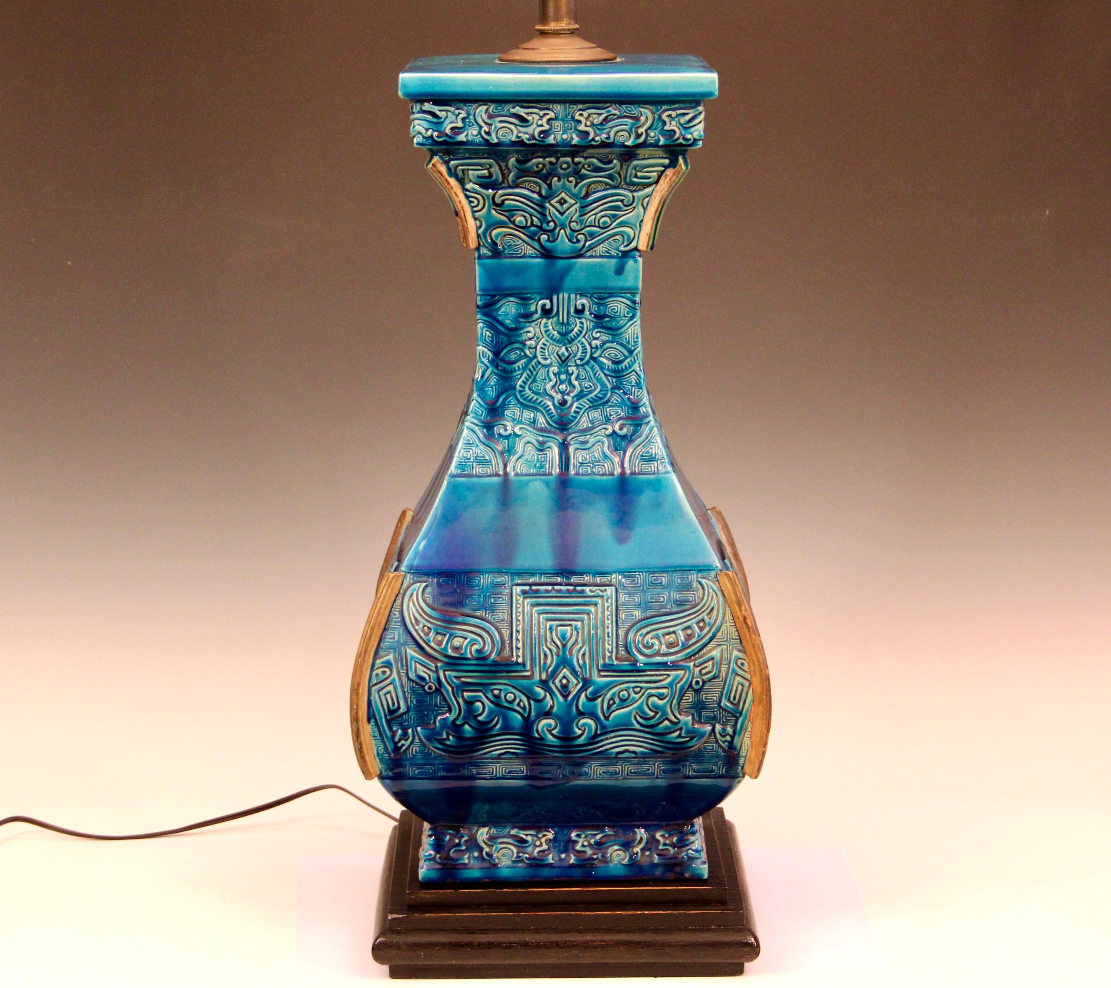 Huge Zaccagnini pottery square lamp with bands of Ming themed decor, flanges at the corners, and fabulous turquoise glaze, circa 1950's. Approx. 39