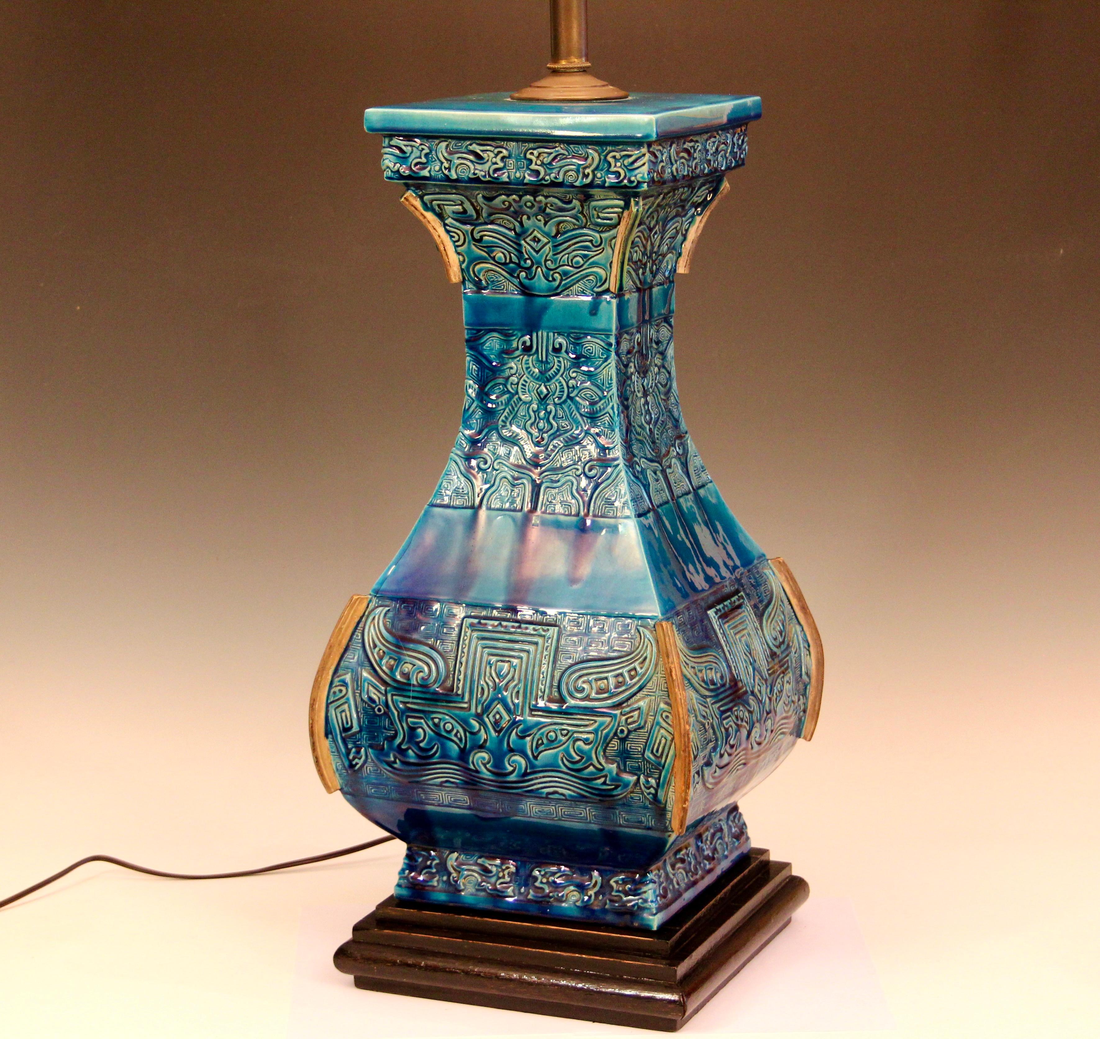 Hand-Crafted Huge Zaccagnini Pottery Mid Century Italian Ming Lamp Vintage 1950's Turquoise For Sale