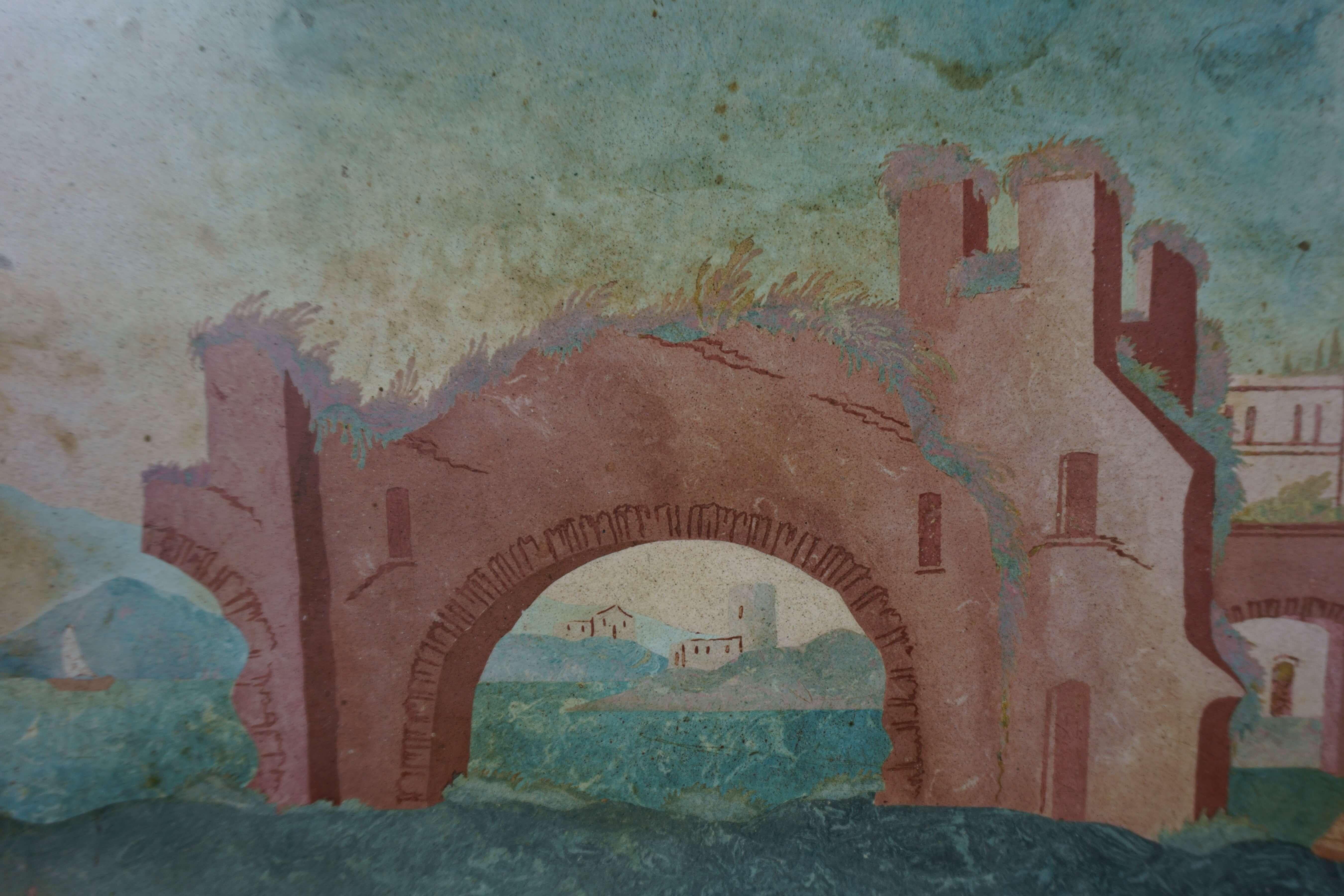 Pair of Views on Scagliola Panels in Original 18th Century Frame For Sale 5