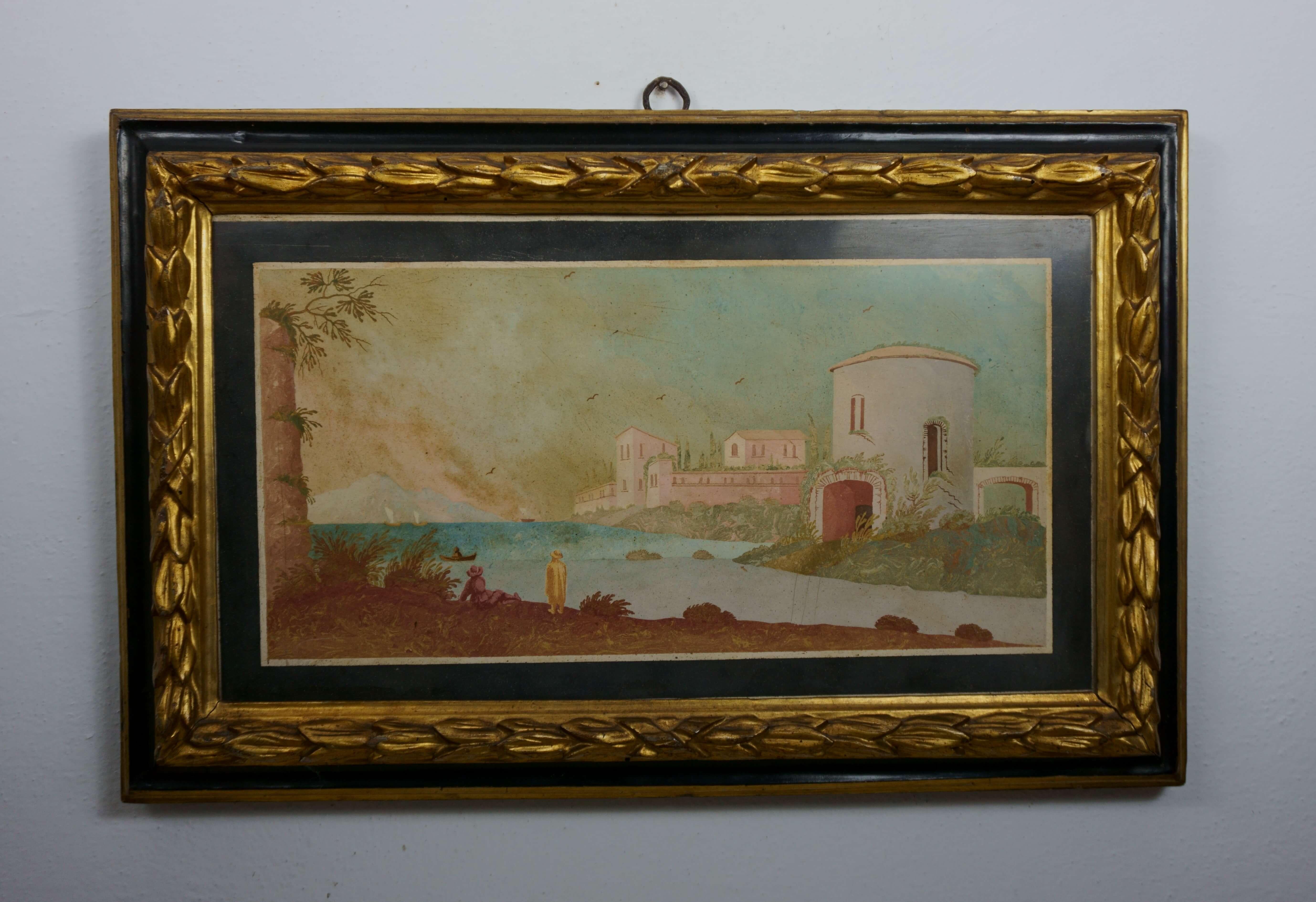 Pair of Views on Scagliola Panels in Original 18th Century Frame - Painting by Hugford Enrico
