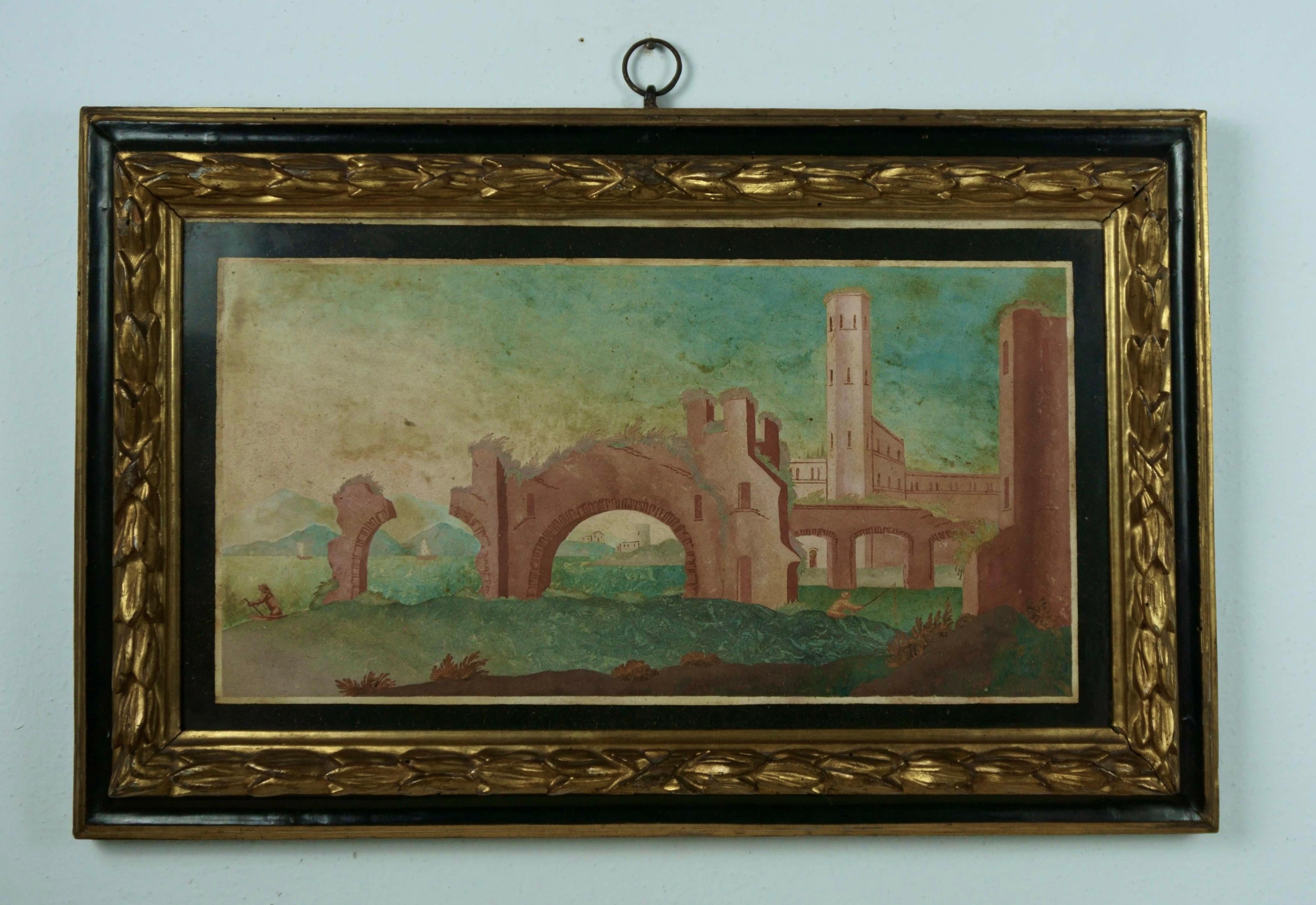 Pair of Views on Scagliola Panels in Original 18th Century Frame - Italian School Painting by Hugford Enrico
