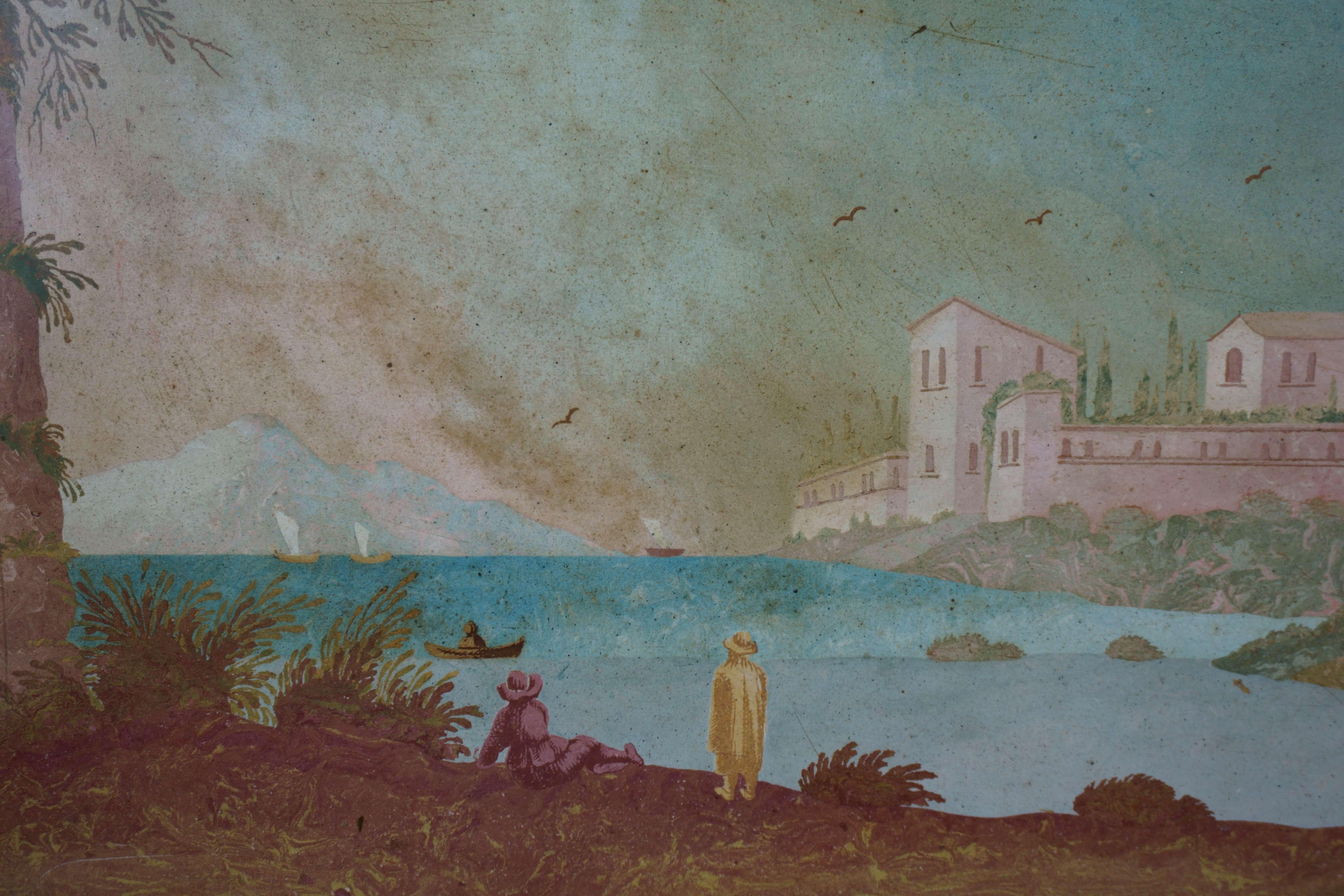 Pair of Views on Scagliola Panels in Original 18th Century Frame - Brown Landscape Painting by Hugford Enrico