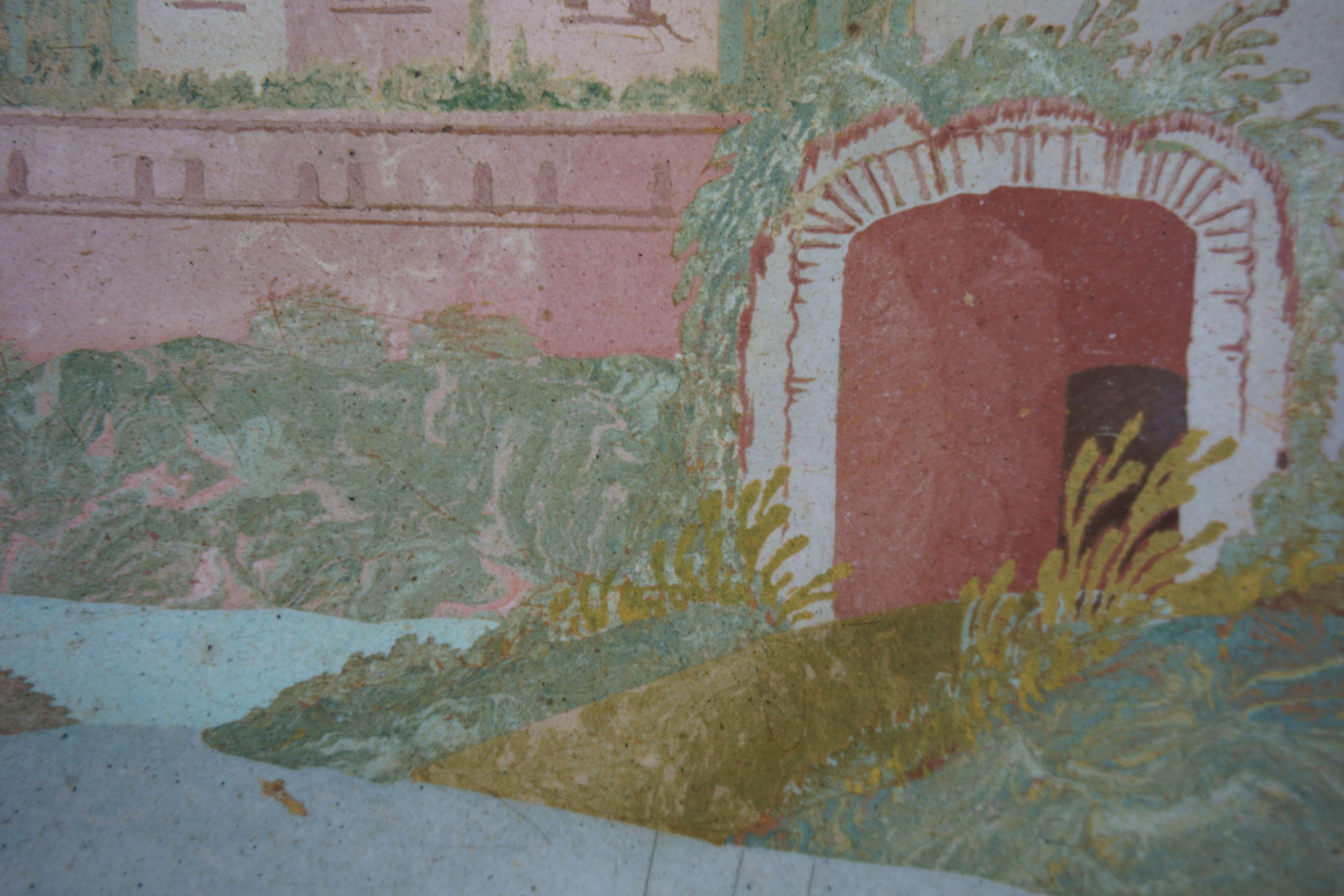 Henry Hugford (1695-1771), ascribed. 
Rare pair of scagliola panels, landscape views with ruins, Italy,  half of the 18th Century.
With their original carved wood frames, lacquered and gilded with gold leaf. Original wrought iron attachments.
They