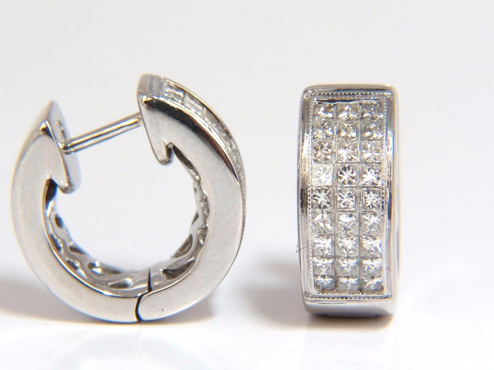 Huggie Earrings 1.50 Carat Natural Diamonds Invisible Set Princess Cut Classic In New Condition In New York, NY