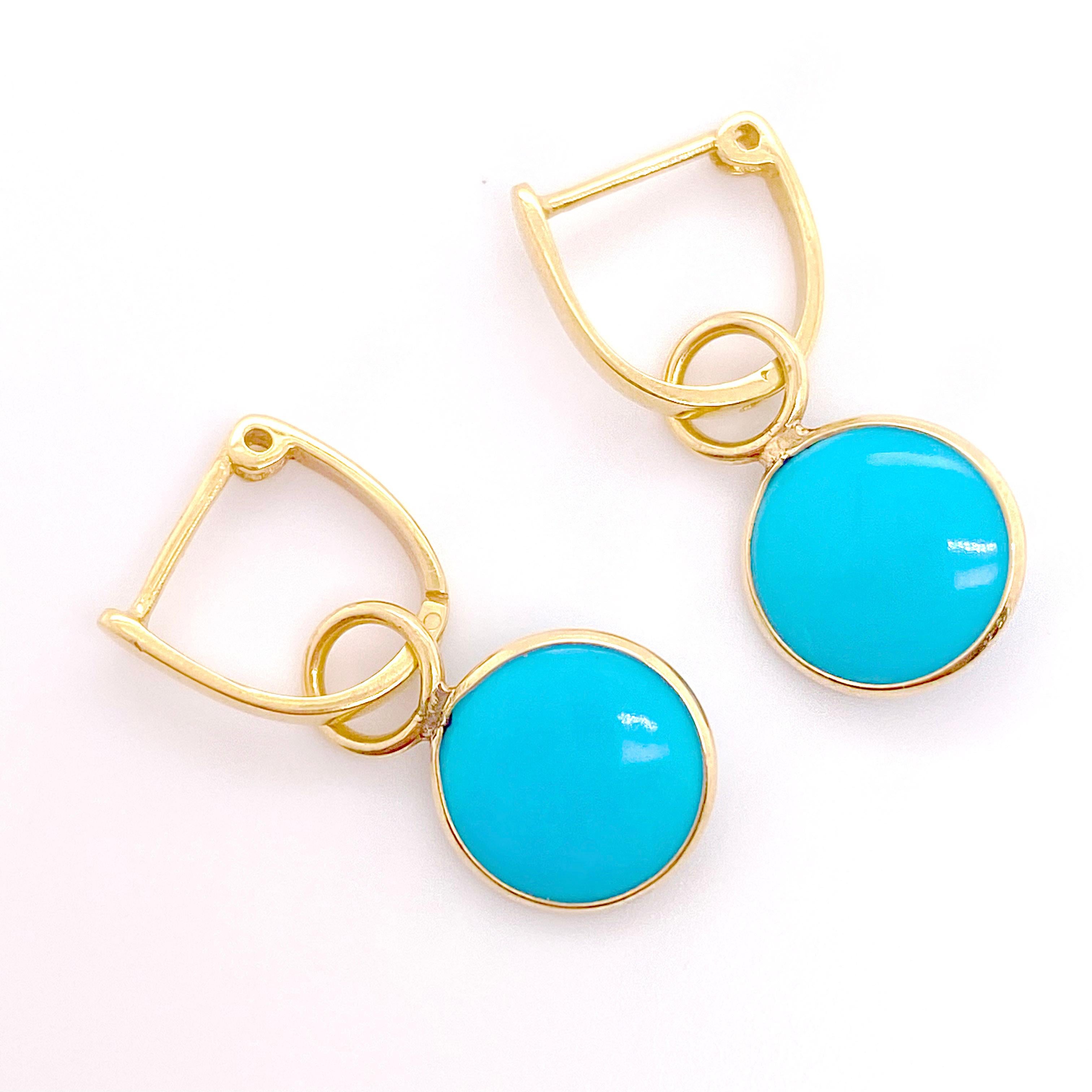 Contemporary Huggie Earrings, w Turquoise Charm, 18k Persian Turquoise Earrings 2.75 Carats