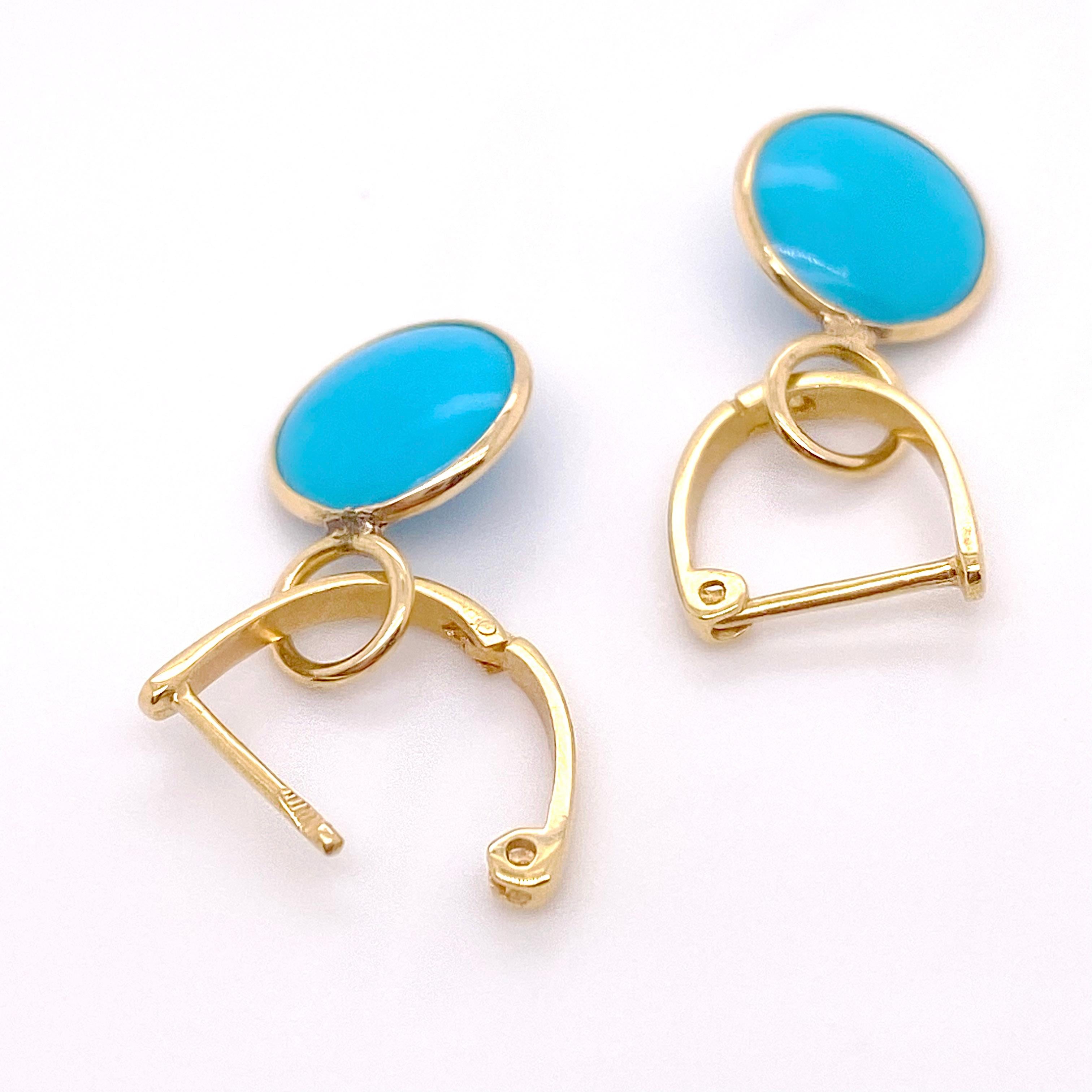 Round Cut Huggie Earrings, w Turquoise Charm, 18k Persian Turquoise Earrings 2.75 Carats
