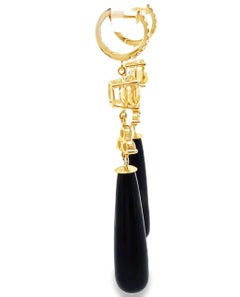 Huggie Hoop Drop Earrings with Diamonds, Citrine & Elongated Teardrop Black Onyx