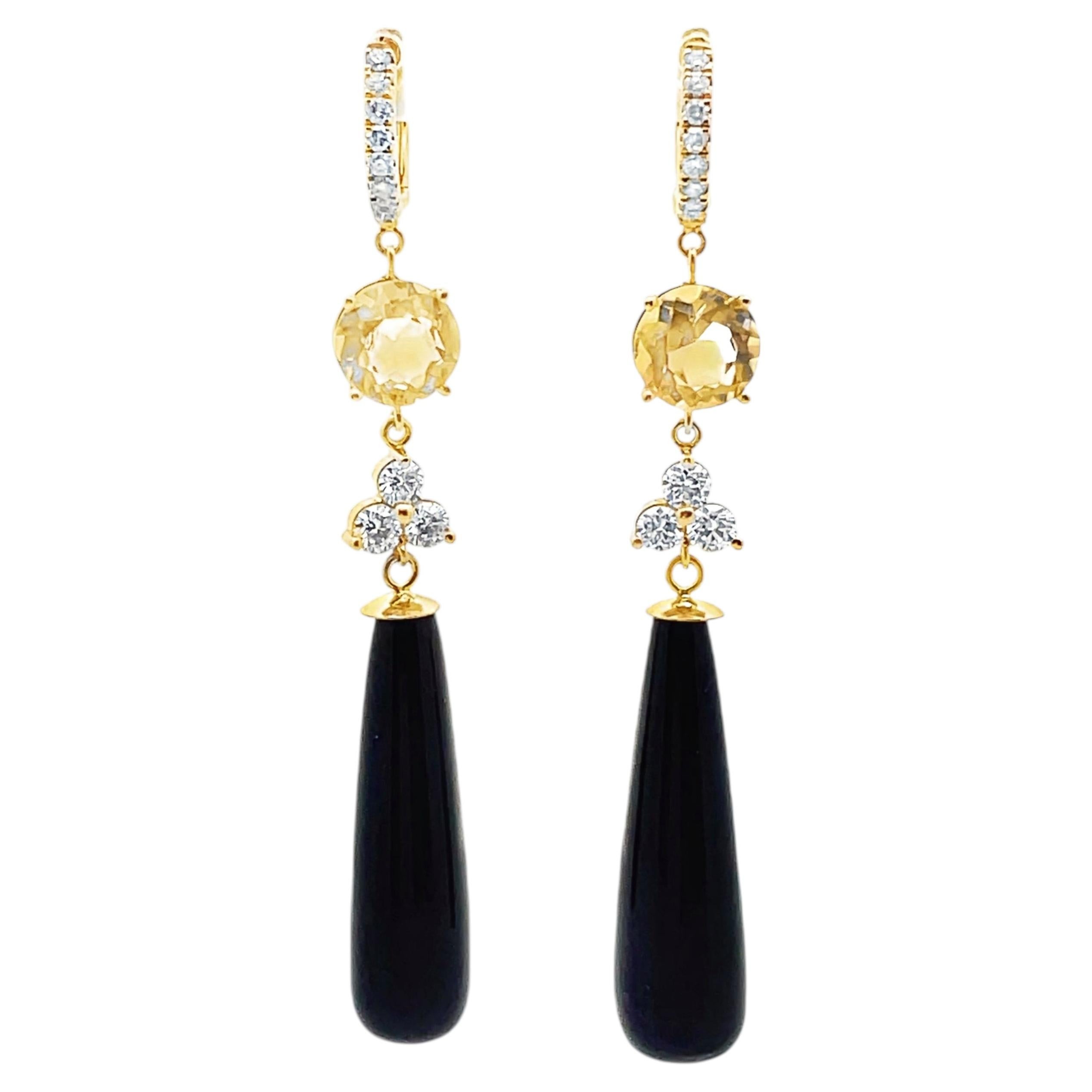 Huggie Hoop Drop Earrings with Diamonds, Citrine & Elongated Teardrop Black Onyx