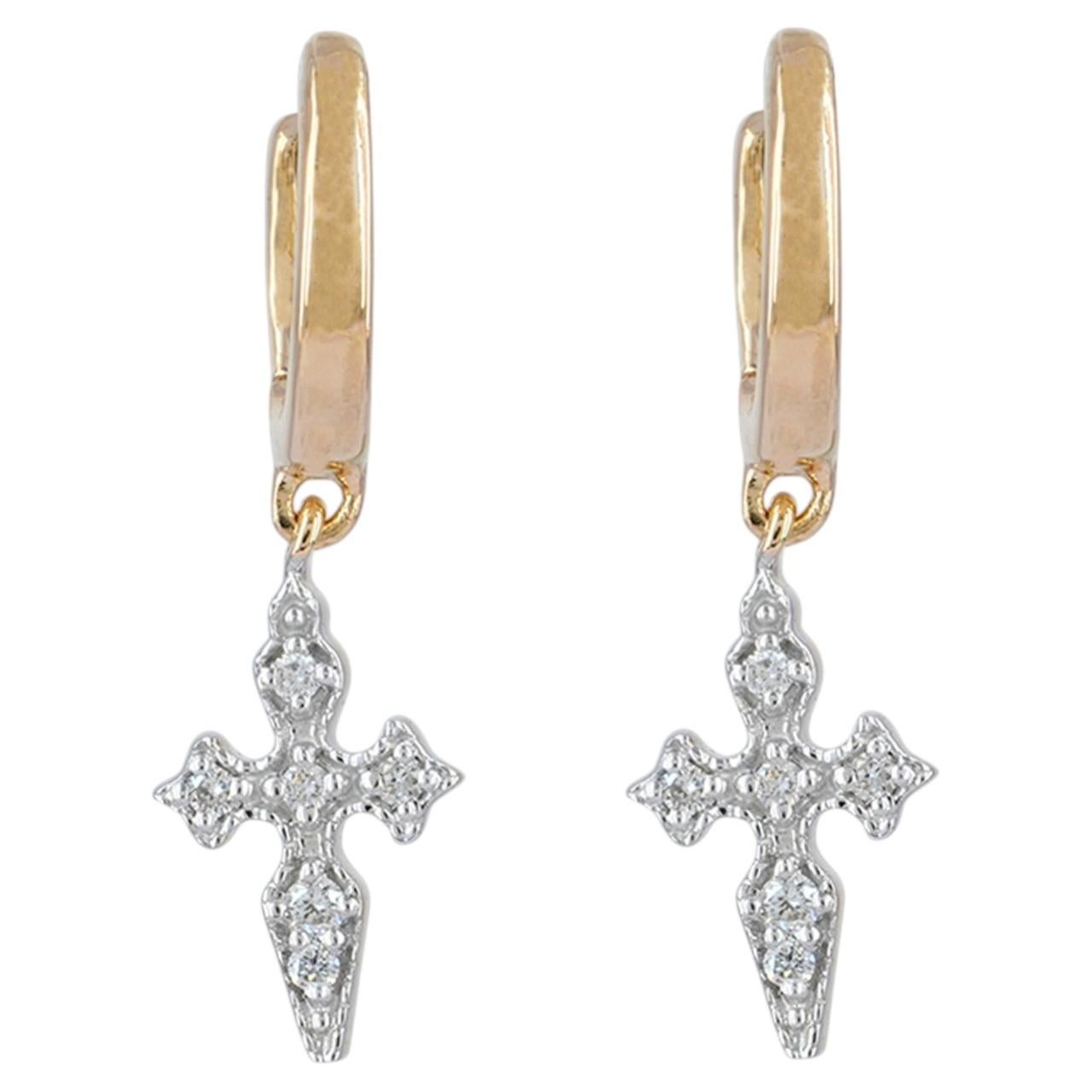Huggie Hoop Earring Natural White Diamond Solid 14k Yellow Gold Cross Earring