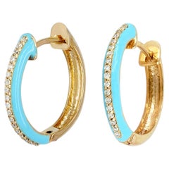 Huggie Hoop Earrings Solid 14k Yellow Gold Natural Diamond Enamel Jewelry