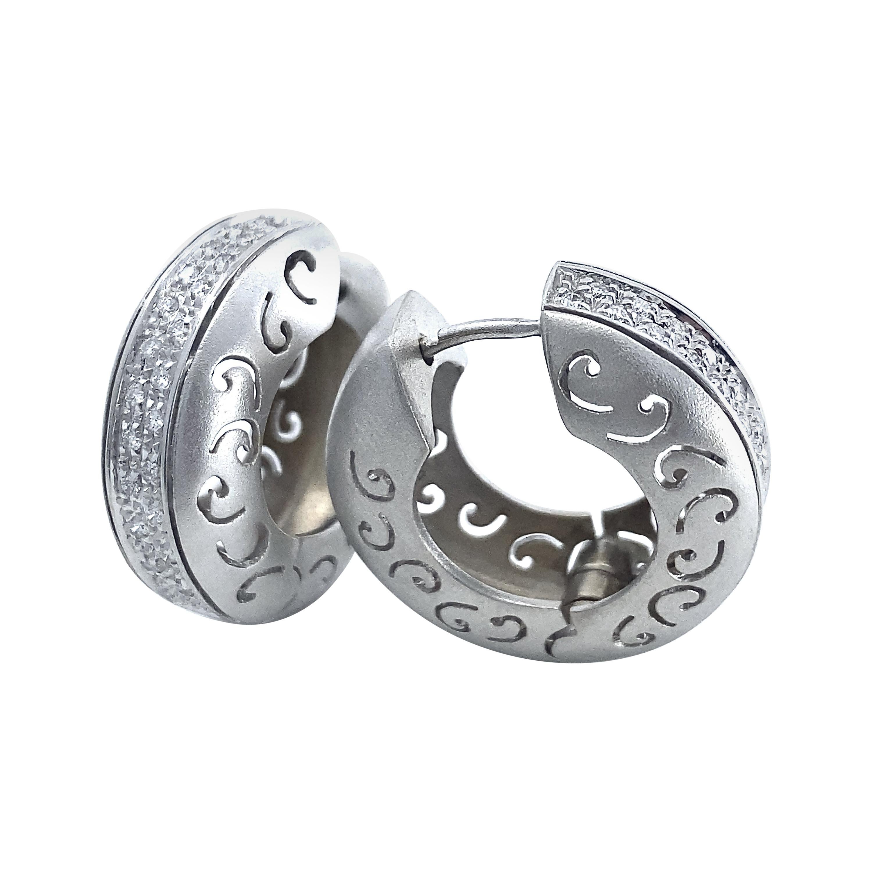 0.25 Carat Diamond Pavé Huggie-Style Hoop Earrings in Satiny White 18 Karat Gold For Sale