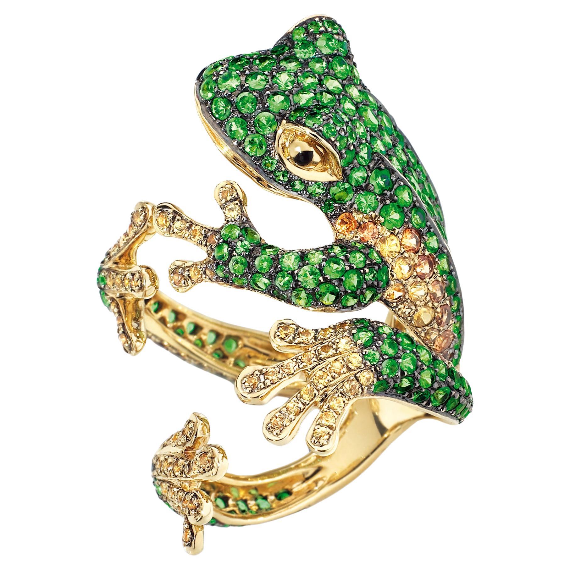 Hugging Frog Ring - 18k Yellow Gold, Sapphires & Tsavorites  For Sale