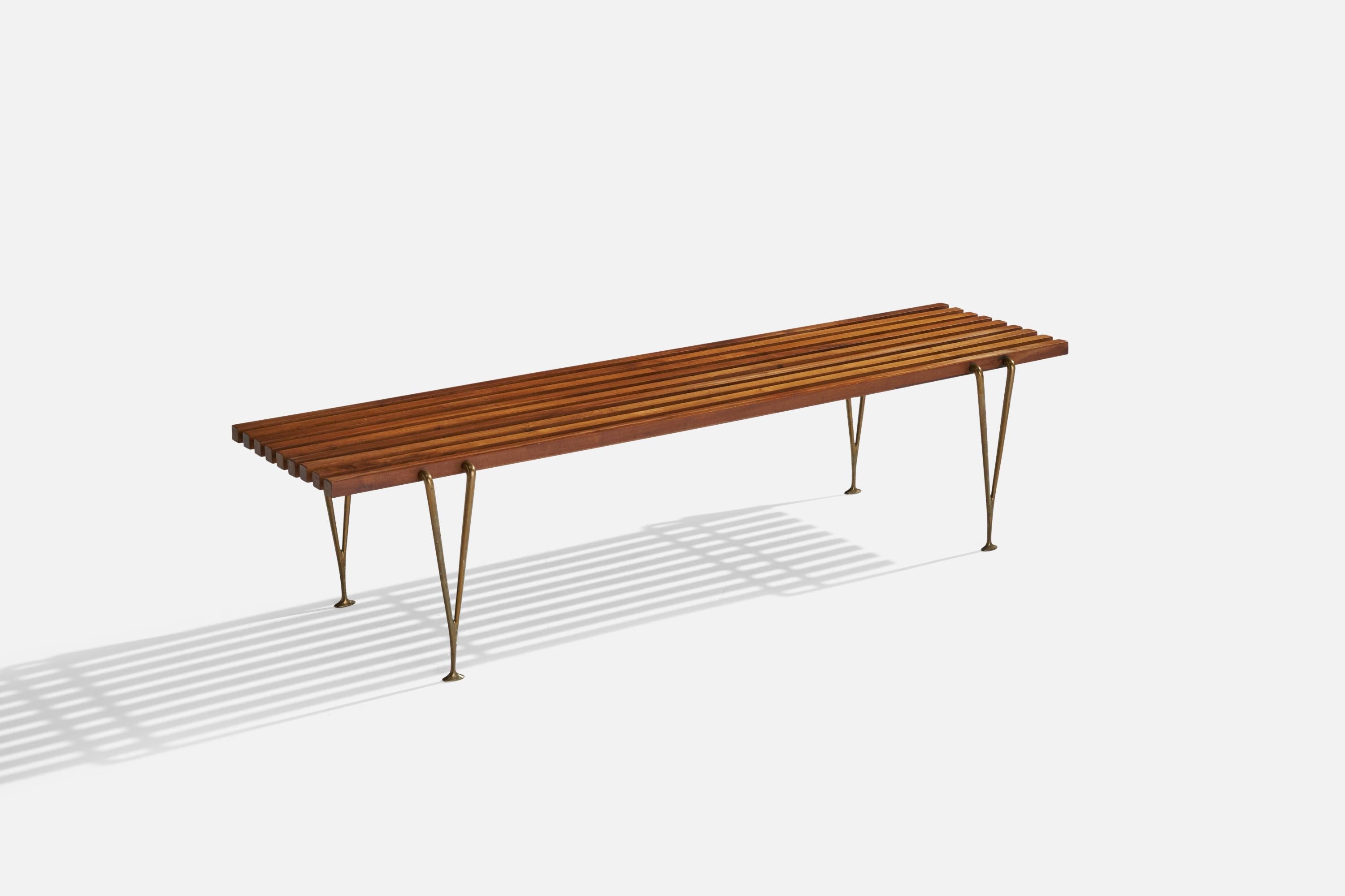 A walnut and brass bench designed by Hugh Acton and produced by Hugh Acton, Inc. Kalamazoo, Michigan, c. 1954.
 