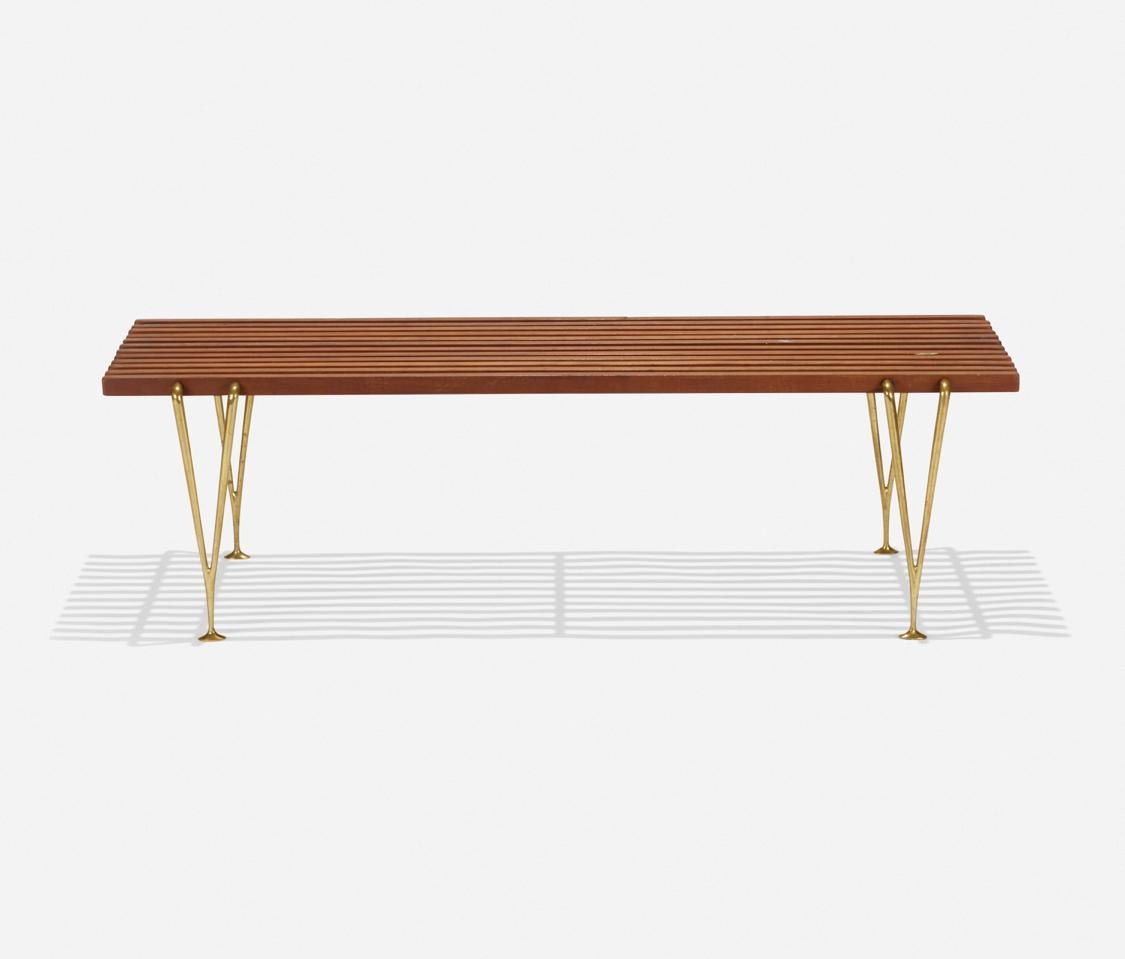 Bench in walnut and brass by Hugh Acton, USA, 1954. 
Provenance: Estate of Hugh Acton, Augusta, MI 
Literature: Hugh Acton manufacturer's catalog, unpaginated.