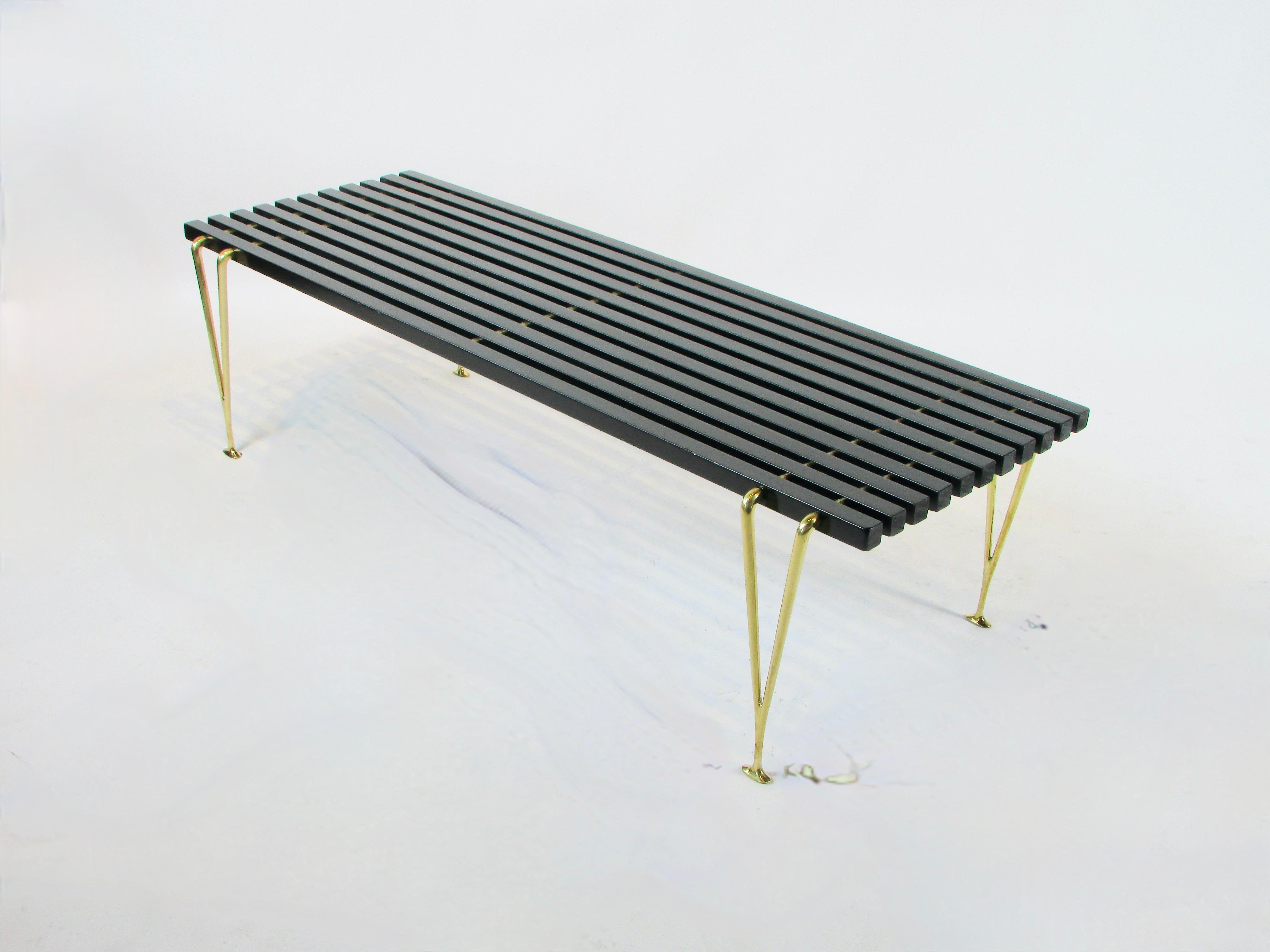 American Hugh Acton black slatted cocktail table or bench on brass legs  For Sale