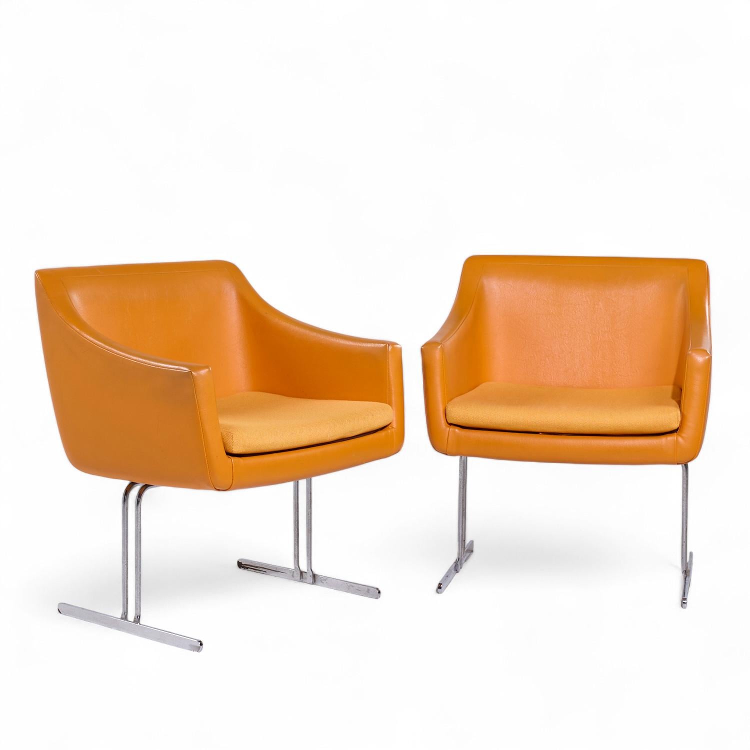 Hugh Acton for Vecta Mid Century Chrome Lounge Chairs - Pair

Each chair measures: 26 wide x 23 deep x 30 high, with a seat height of 17.75 and arm height/chair clearance of 23.5 inches

All pieces of furniture can be had in what we call restored