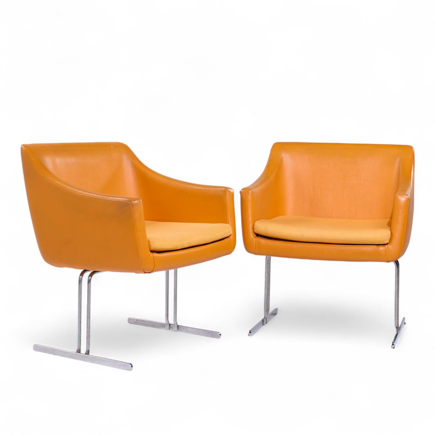 Hugh Acton for Vecta Mid Century Chrome Lounge Chairs - Pair

Each chair measures: 26 wide x 23 deep x 30 high, with a seat height of 17.75 and arm height/chair clearance of 23.5 inches

All pieces of furniture can be had in what we call restored
