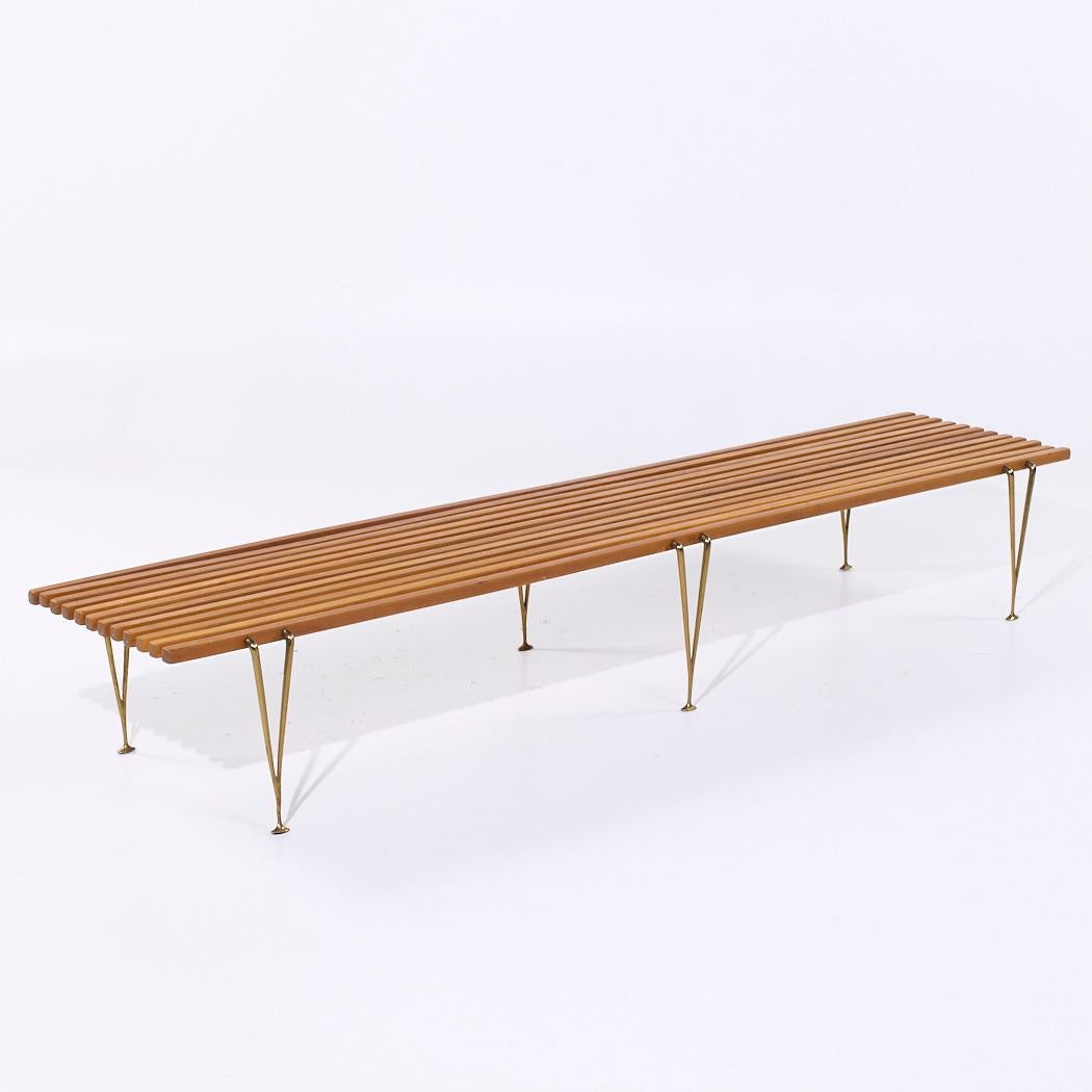 American Hugh Acton Mid Century Walnut and Brass Slat Bench For Sale
