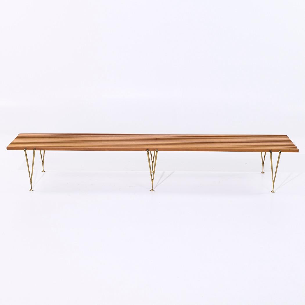 Hugh Acton Mid Century Walnut and Brass Slat Bench In Good Condition For Sale In Countryside, IL