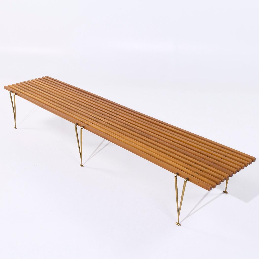 Hugh Acton Mid Century Walnut and Brass Slat Bench For Sale 1