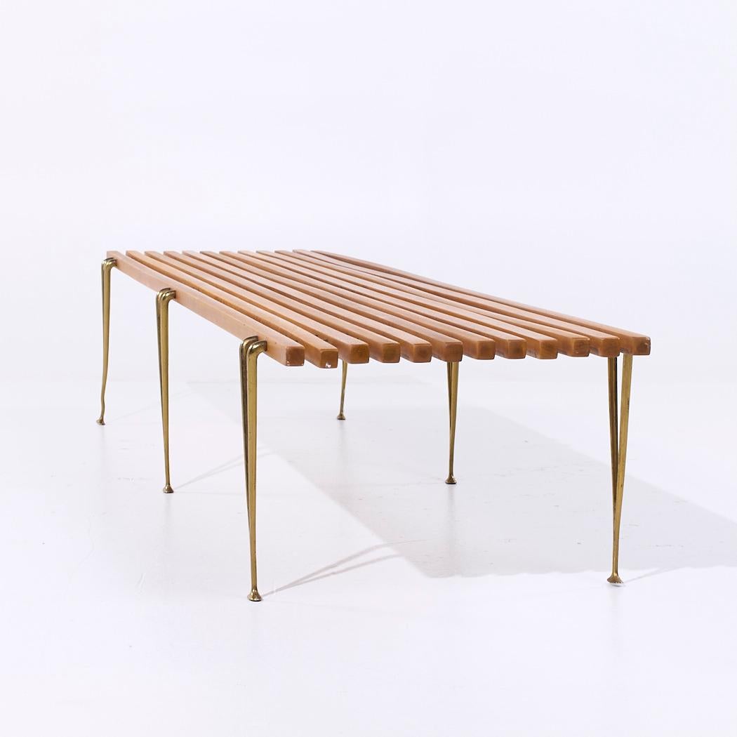 Hugh Acton Mid Century Walnut and Brass Slat Bench For Sale 2