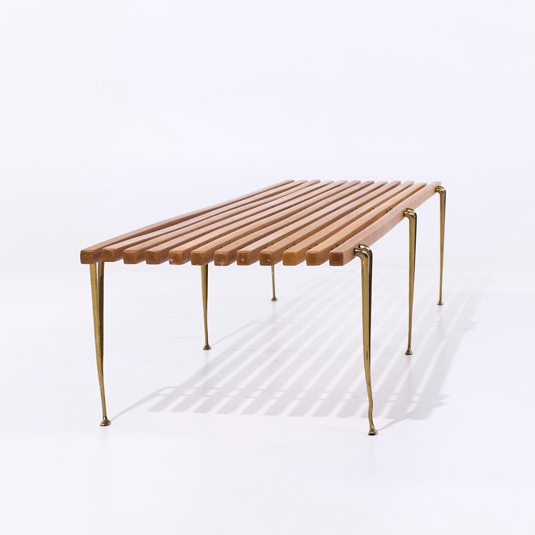 Hugh Acton Mid Century Walnut and Brass Slat Bench For Sale 3