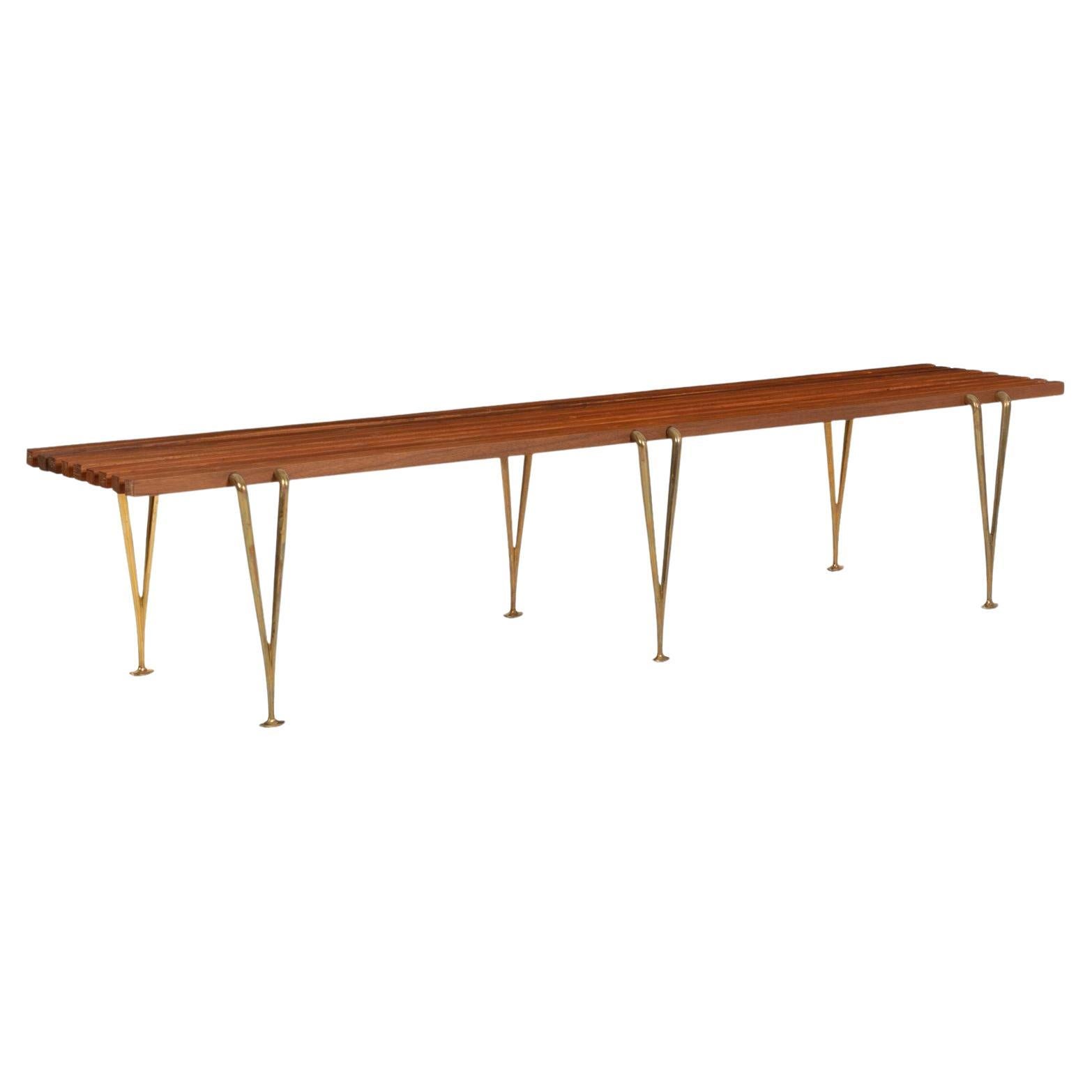 Hugh Acton Slat Bench, Oiled Walnut and Brass, 1960 Hand Signed by Acton