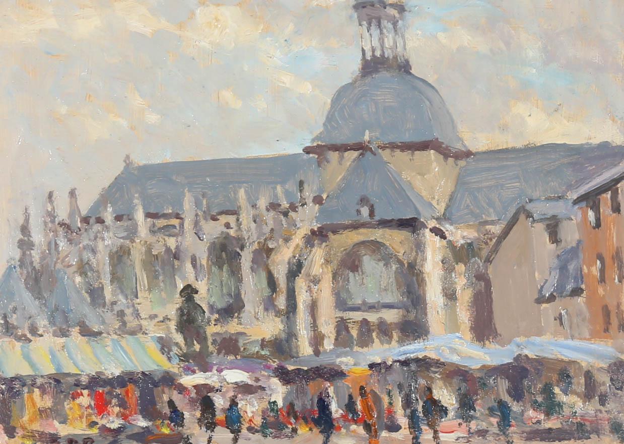 A fine 20th Century oil scene depicting the market place outside of the Saint Jacques Church in the fishing town of Dieppe, France. The artist has initialed to the lower left corner and there is a label at the reverse with the location. The painting