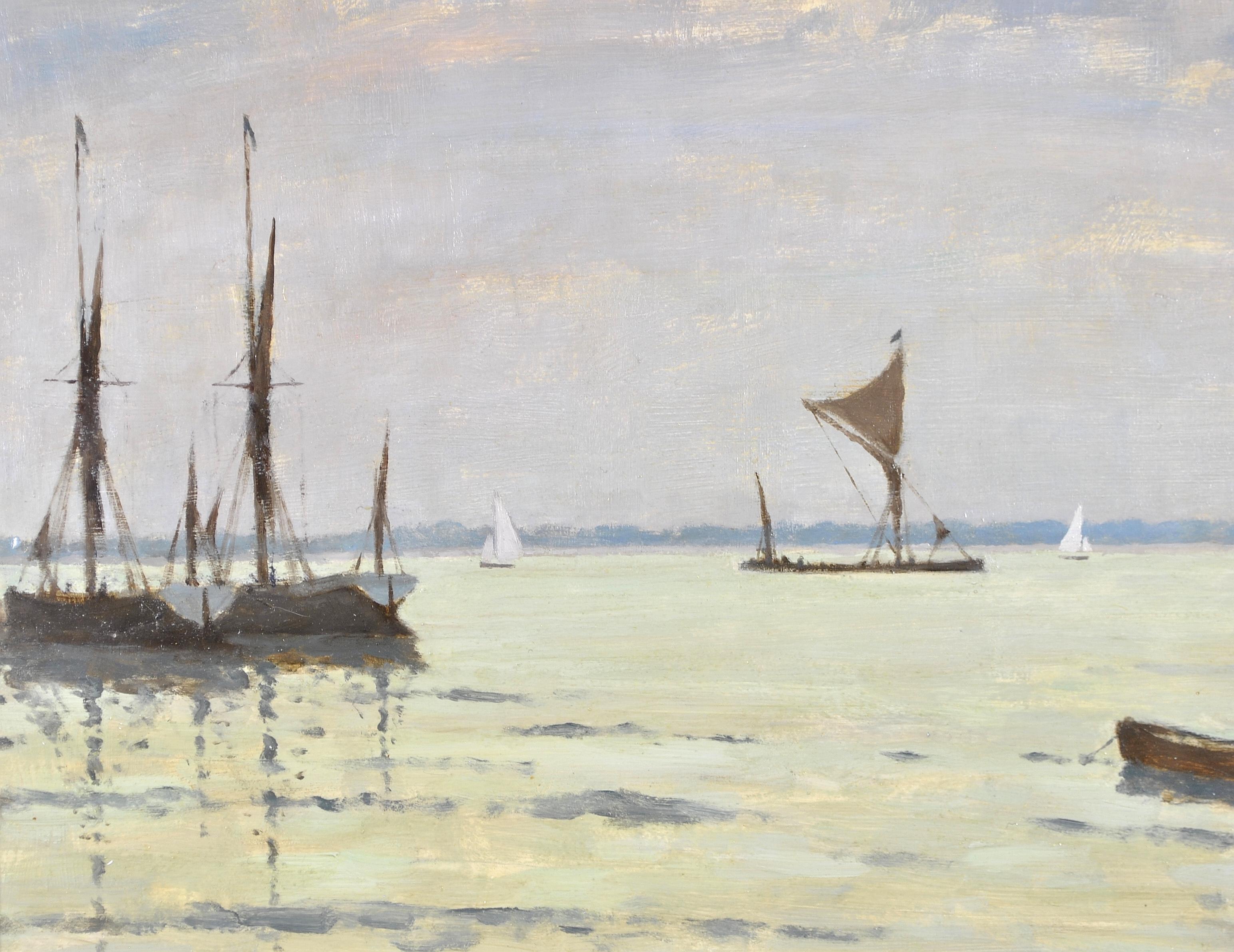 Pin Mill - Suffolk East Anglia Boats in Harbor English Impressionist Painting 3