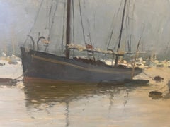 Modern Impressionist Landscape Maritime Oil Painting of Boats in a Marina