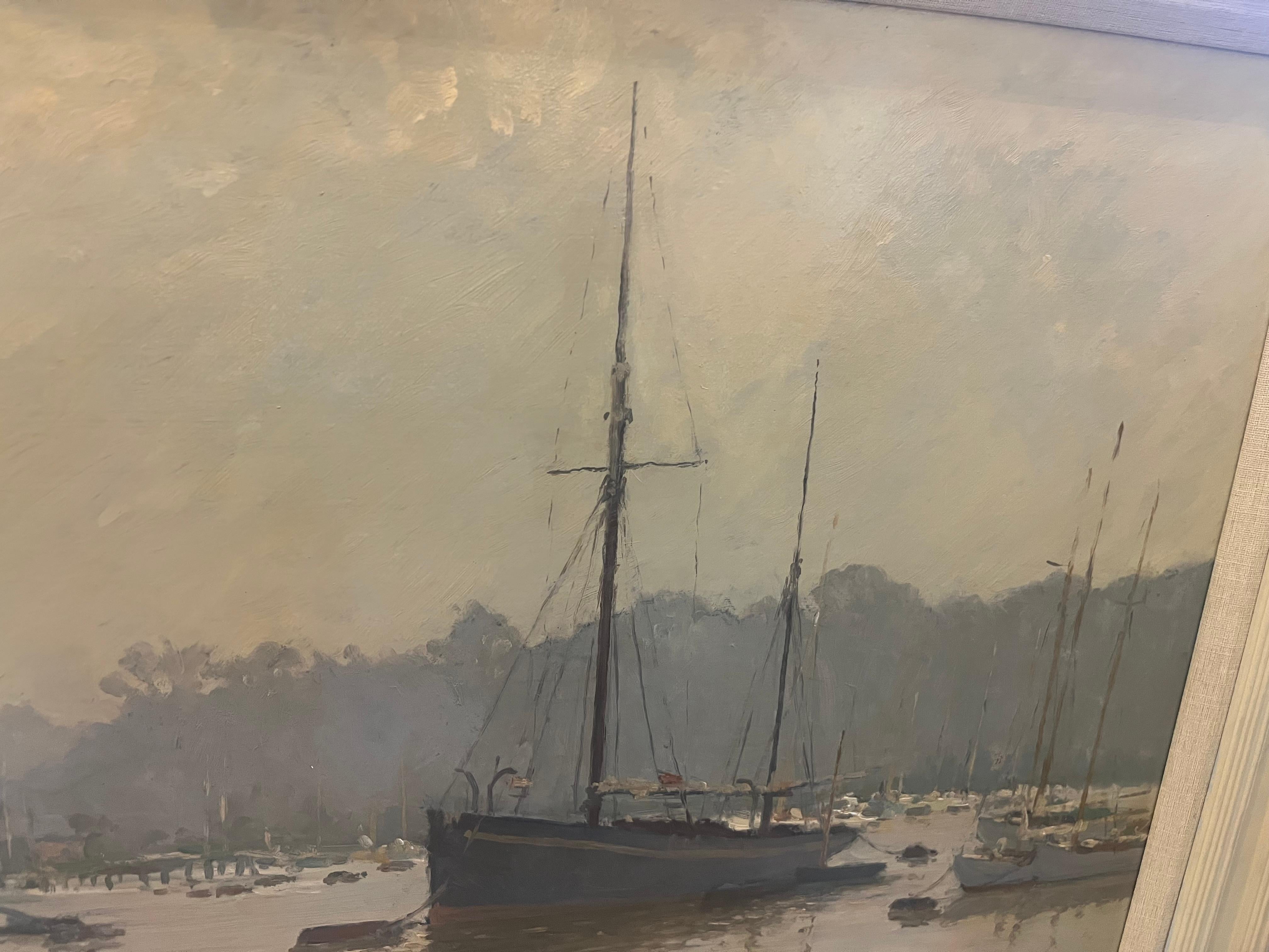 Moderne impressionistische Landschaft Maritimes Ölgemälde von Booten in einer Marina im Angebot 1