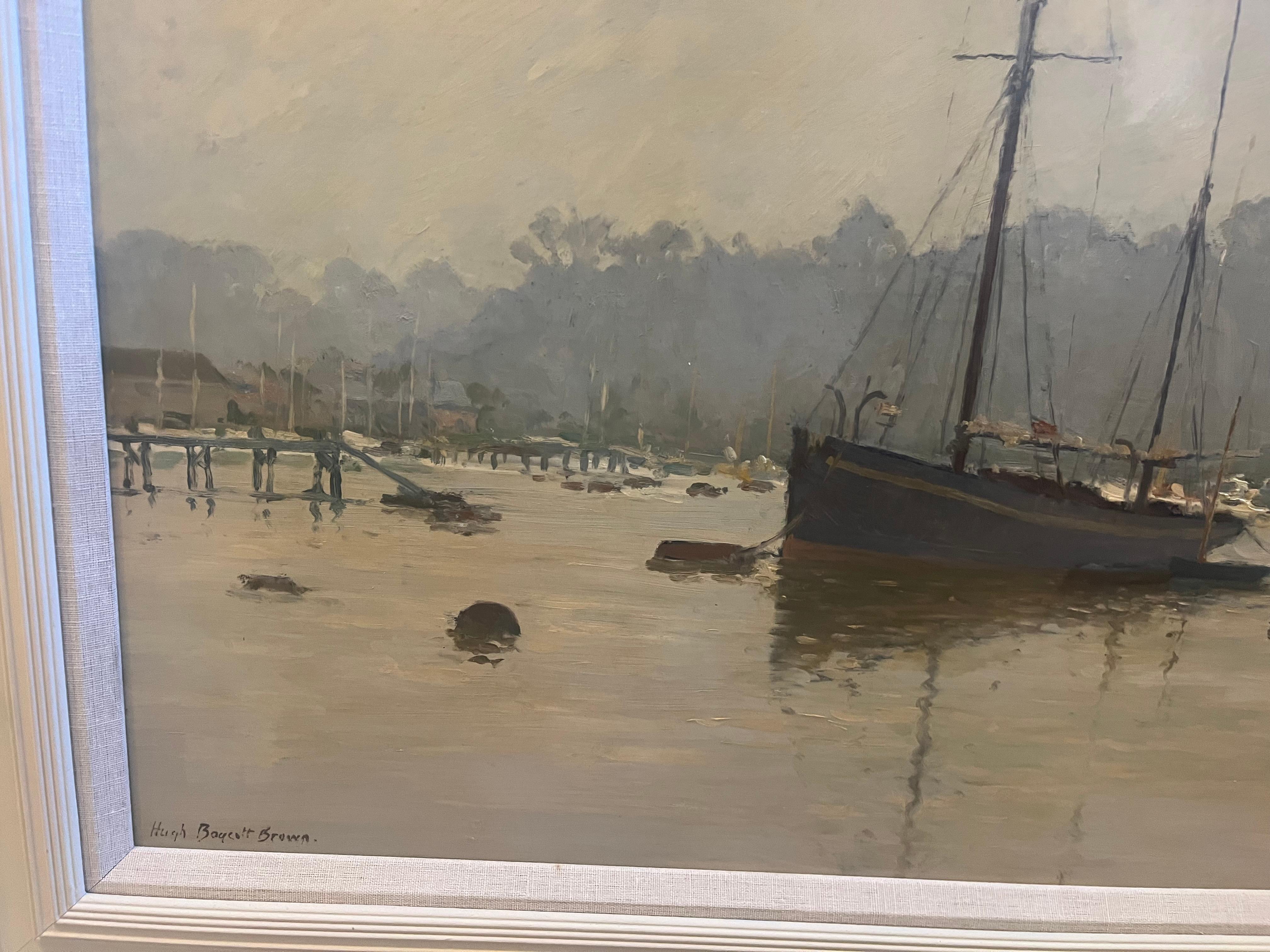 Moderne impressionistische Landschaft Maritimes Ölgemälde von Booten in einer Marina im Angebot 3