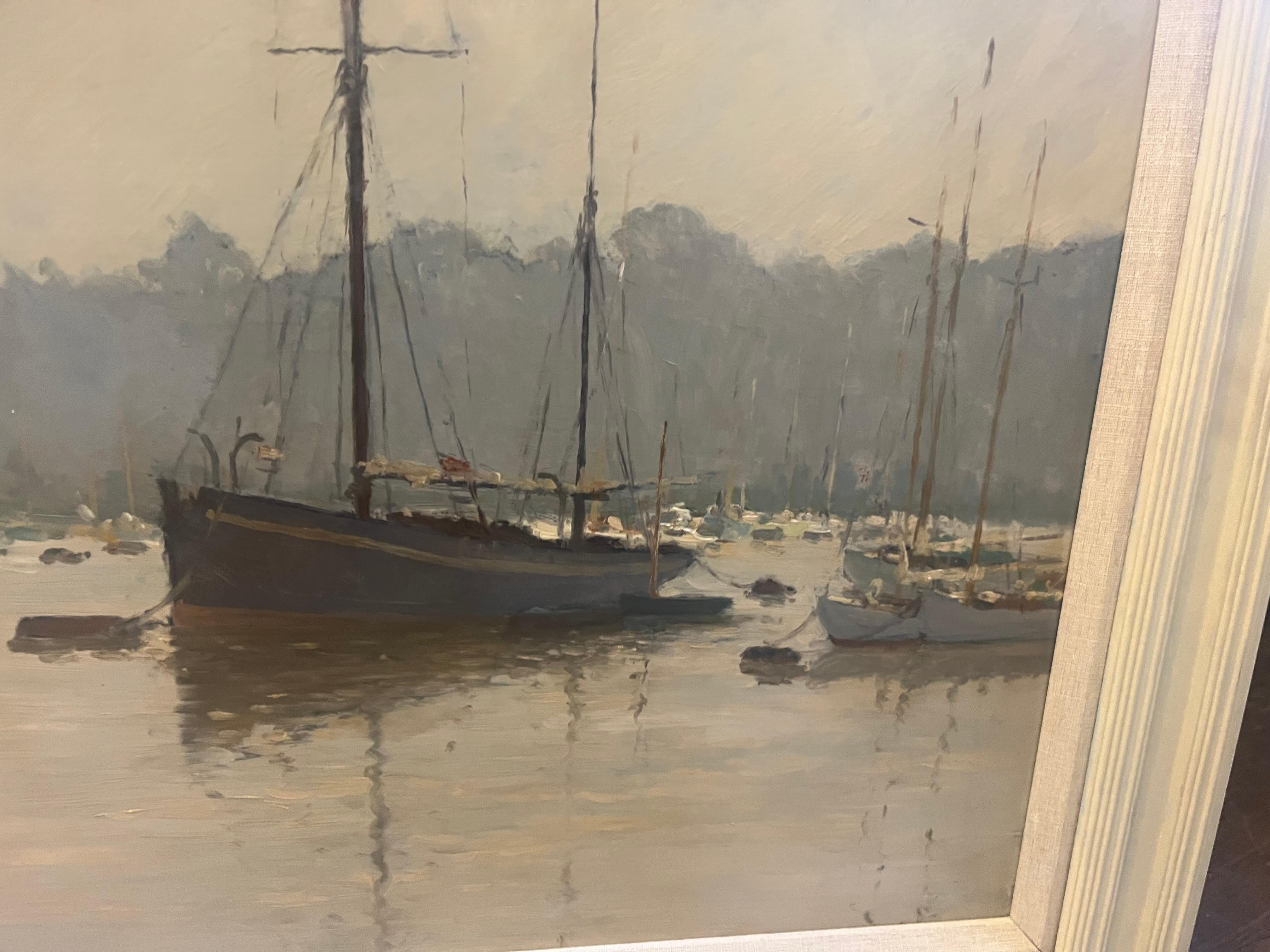 Moderne impressionistische Landschaft Maritimes Ölgemälde von Booten in einer Marina im Angebot 4
