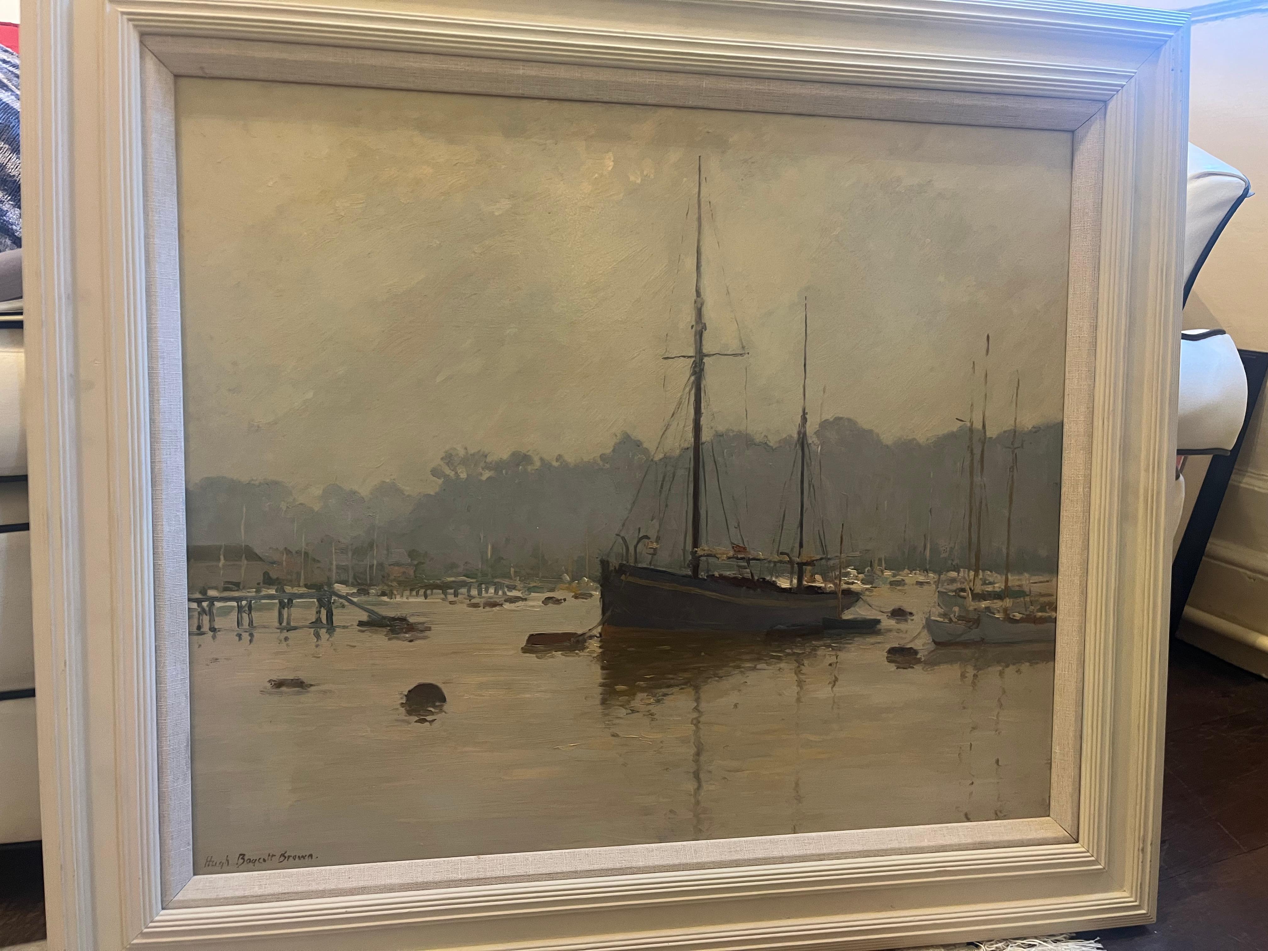 Peinture à l'huile impressionniste moderne de bateaux dans une Marina