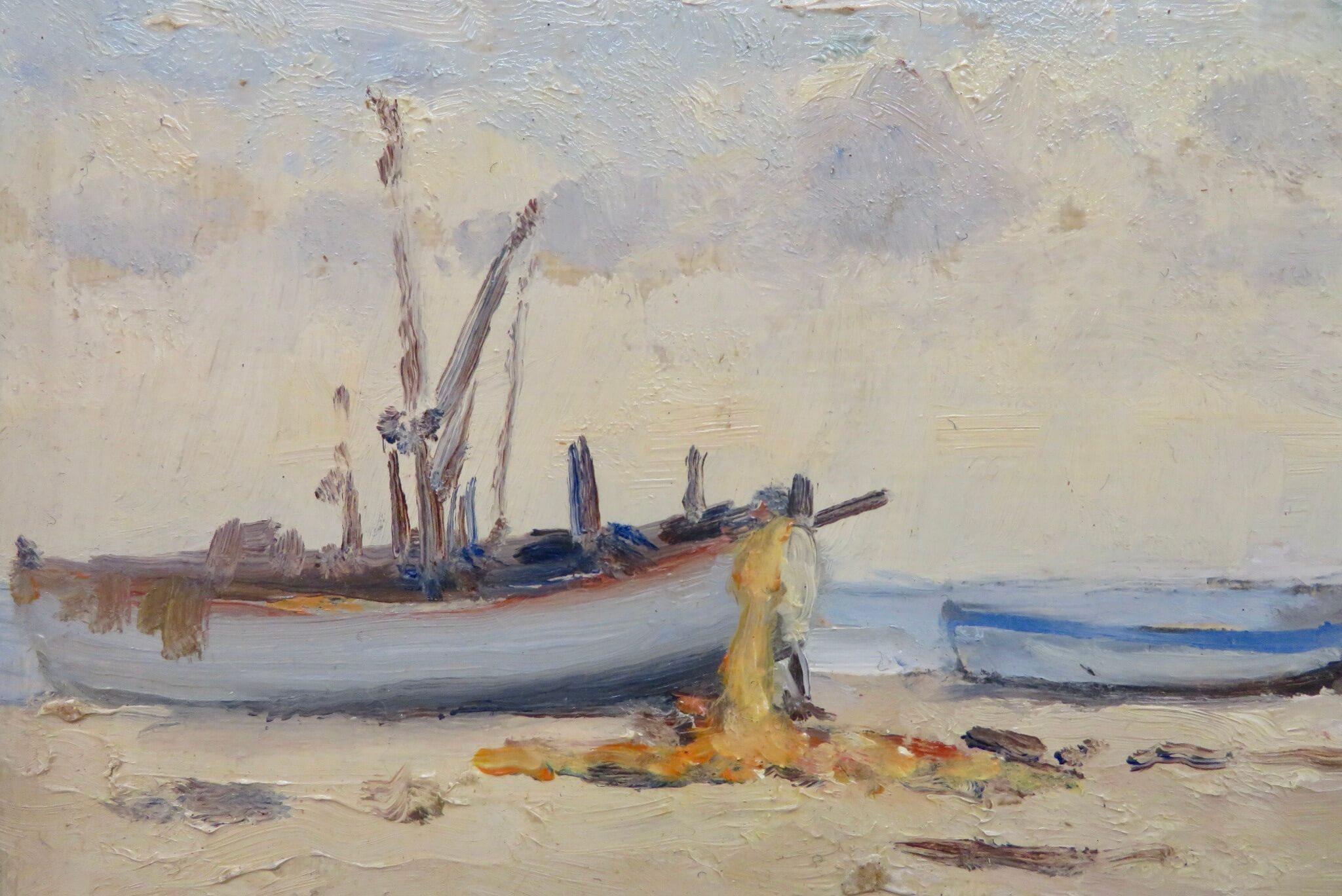 Original post impressionist ENGLISH MARINE oil painting ALDEBURGH BEACH SUFFOLK - Post-Impressionist Painting by HUGH BOYCOTT BROWN 