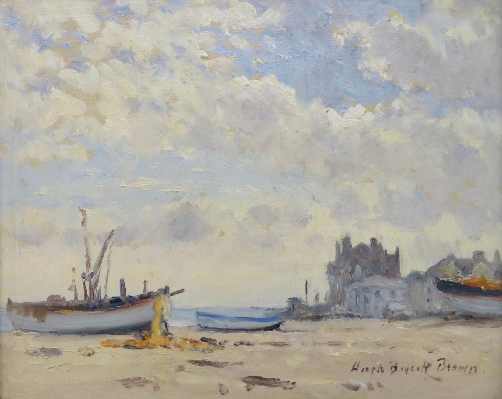 Original post impressionist ENGLISH MARINE oil painting ALDEBURGH BEACH SUFFOLK - Brown Landscape Painting by HUGH BOYCOTT BROWN 