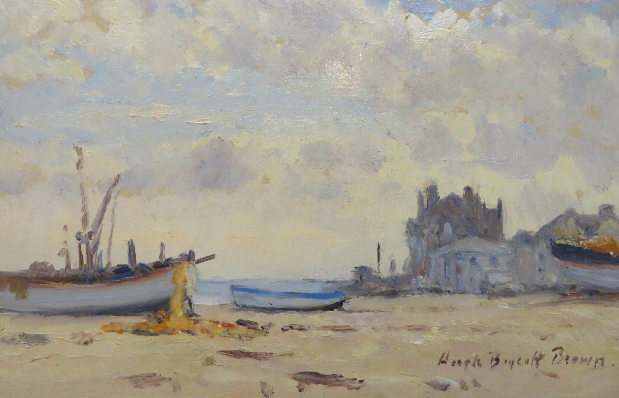 ARTIST: Hugh Boycott Brown RSMA (1909-1990) British
TITLE: “Beached Boats At Aldeburgh Suffolk”
SIGNED: lower right
MEDIUM: oil on board
SIZE:  40cm x 35cm inc frame
CONDITION: very good
DETAIL: Painter and teacher, born in Bushey, Hertfordshire,