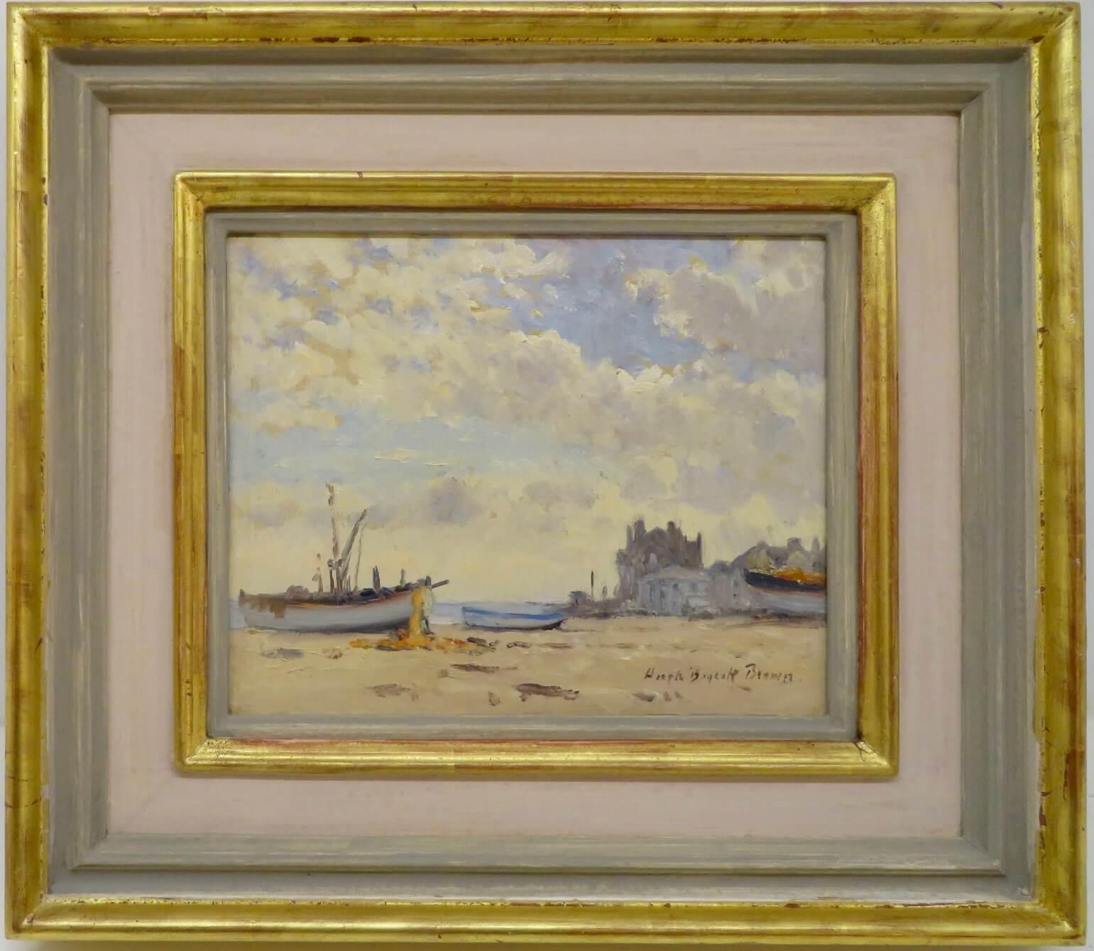HUGH BOYCOTT BROWN  Landscape Painting - Original post impressionist ENGLISH MARINE oil painting ALDEBURGH BEACH SUFFOLK