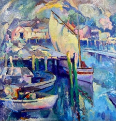 Gloucester Harbor, Colorful Modernist Harbor Scene by American Artist