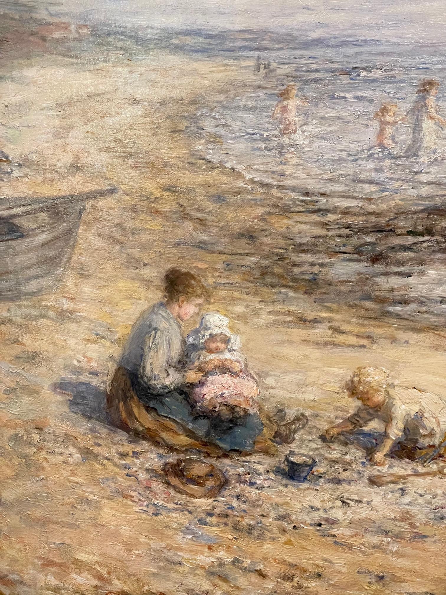 'By the Seaside' is an impressive painting by Scottish artist Hugh Cameron (1835-1918), in a style he perfected.  The fine figurative impressions of mother and child, children playing in  the pale blue water by a coastal Scottish beach are signature