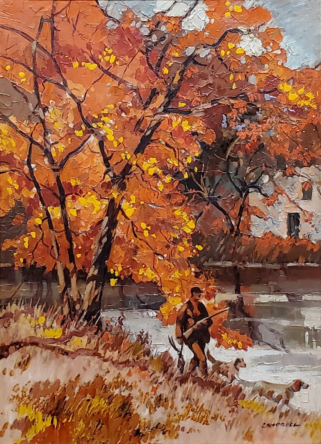 Bright Autumn Impressionistische Landschaft eines Mannes auf der Jagd mit seinen Hunden – Painting von Hugh Campbell