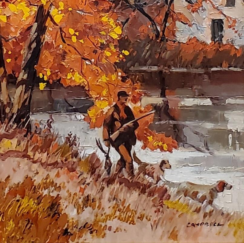 Bright Autumn Impressionistische Landschaft eines Mannes auf der Jagd mit seinen Hunden (Amerikanischer Impressionismus), Painting, von Hugh Campbell